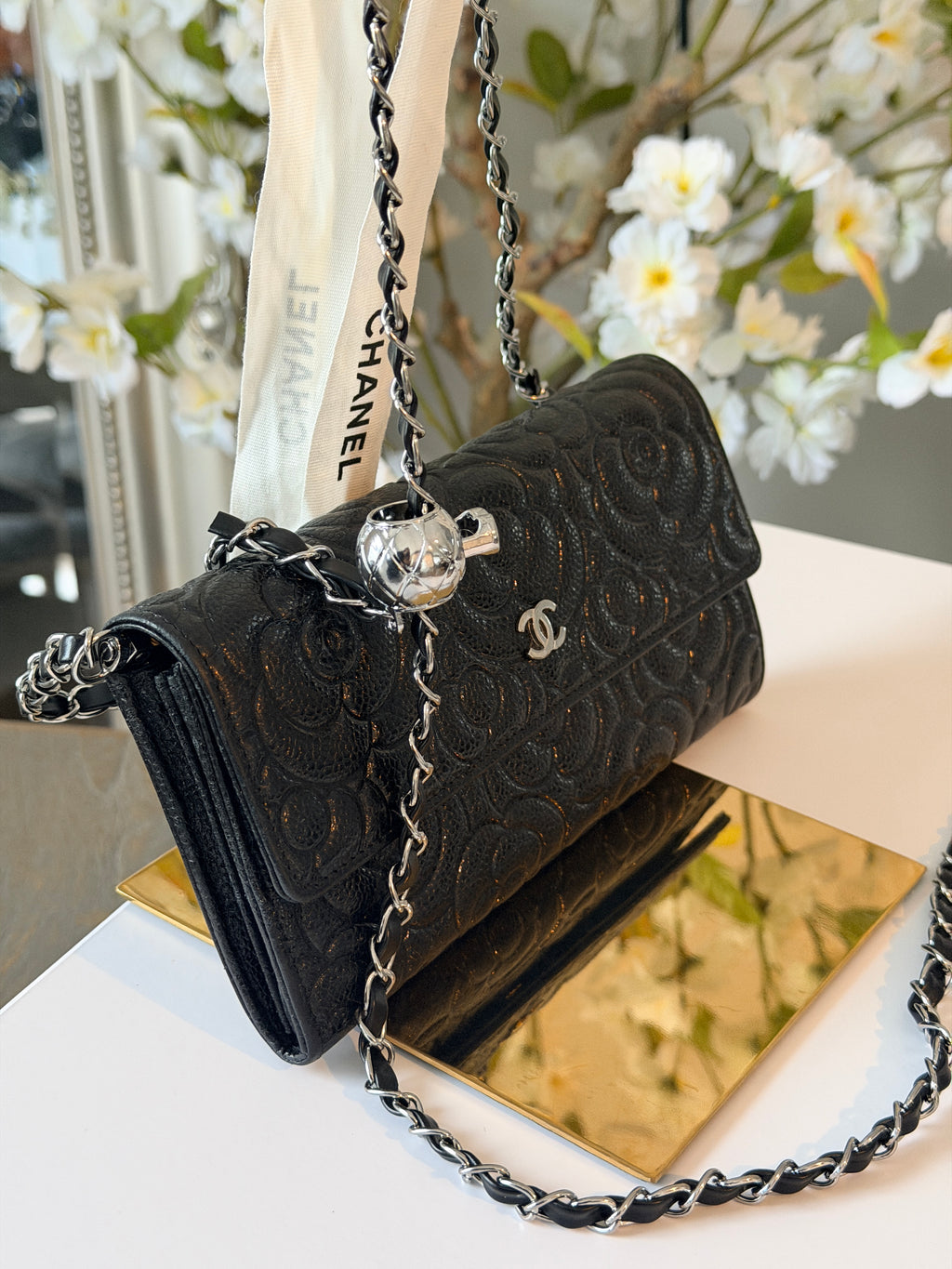 Chanel Camelia Long Wallet Black Caviar Leather Silver Hardware (2021)