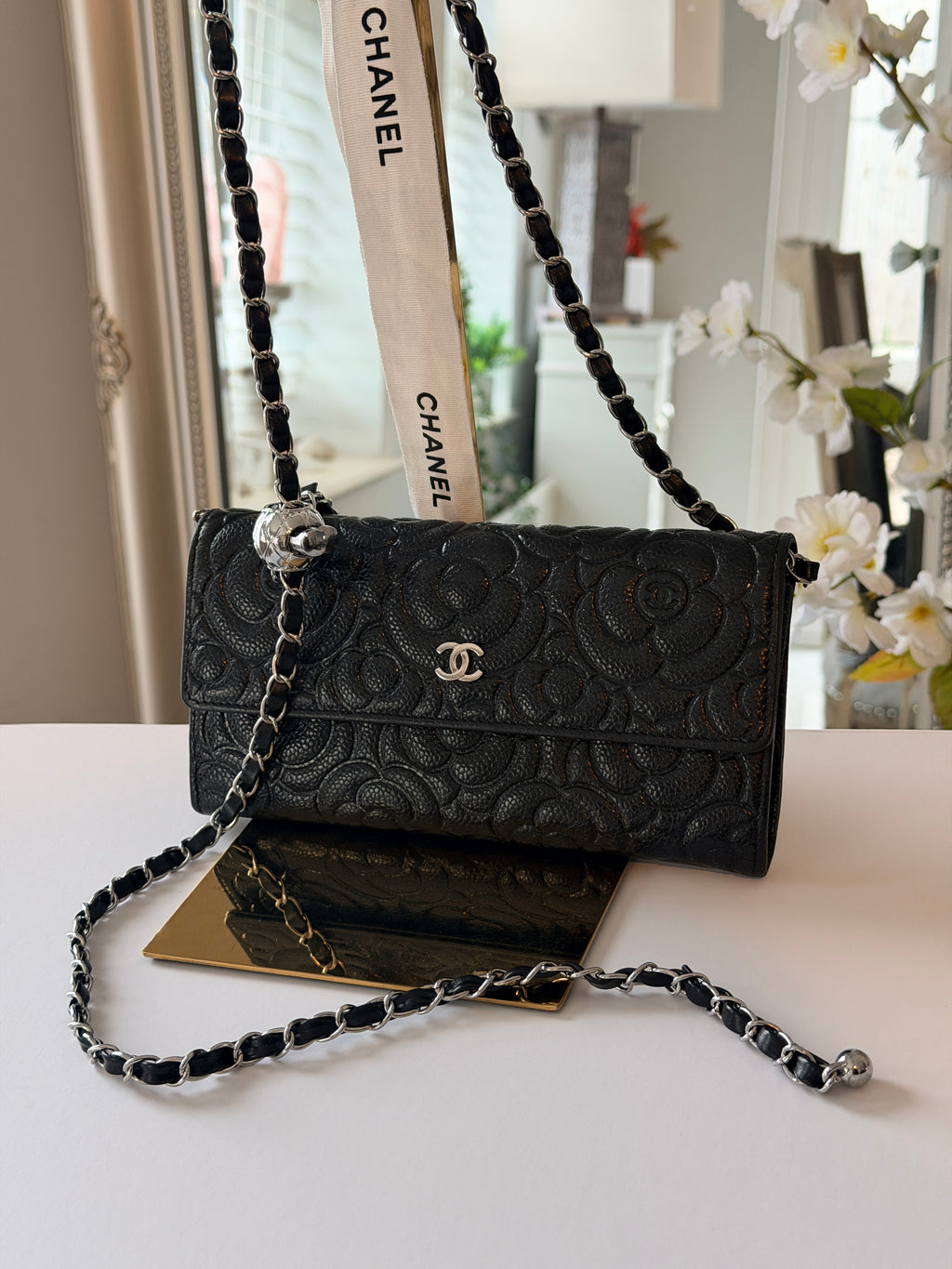 Chanel Camelia Long Wallet Black Caviar Leather Silver Hardware (2021)