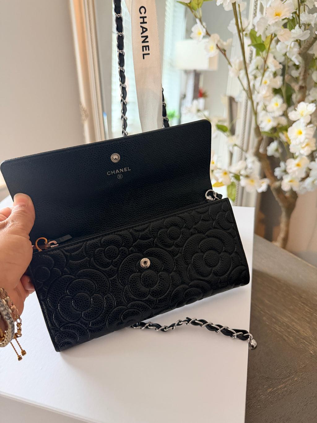 Chanel Camelia Long Wallet Black Caviar Leather Silver Hardware (2021)