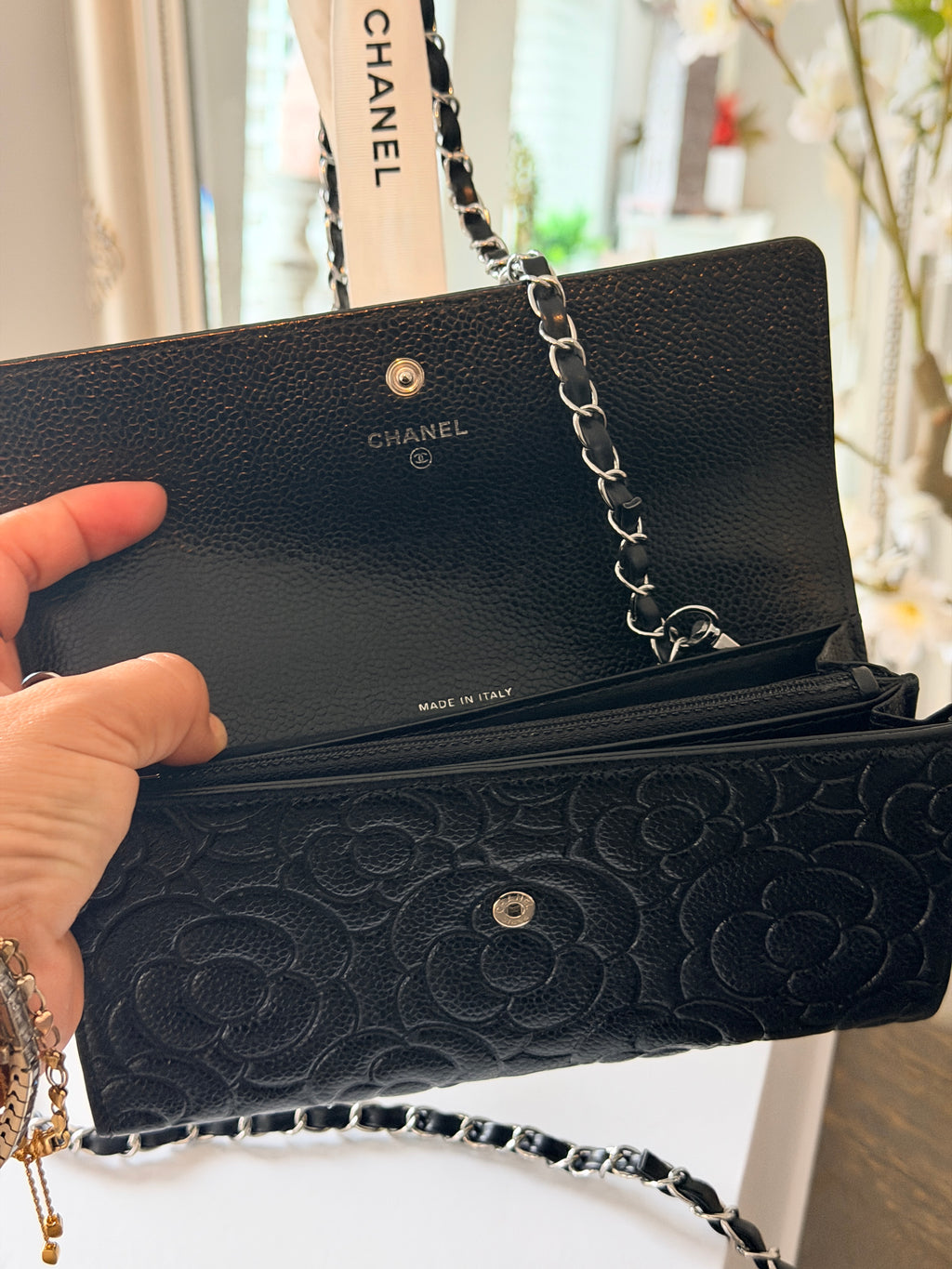 Chanel Camelia Long Wallet Black Caviar Leather Silver Hardware (2021)