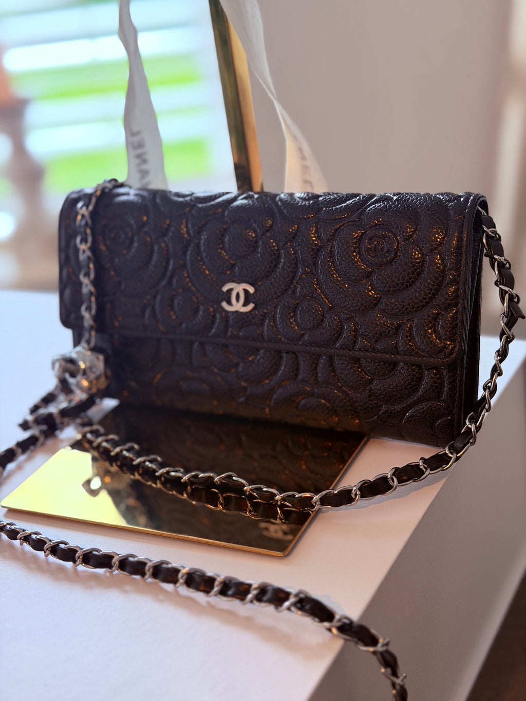 Chanel Camelia Long Wallet Black Caviar Leather Silver Hardware (2021)