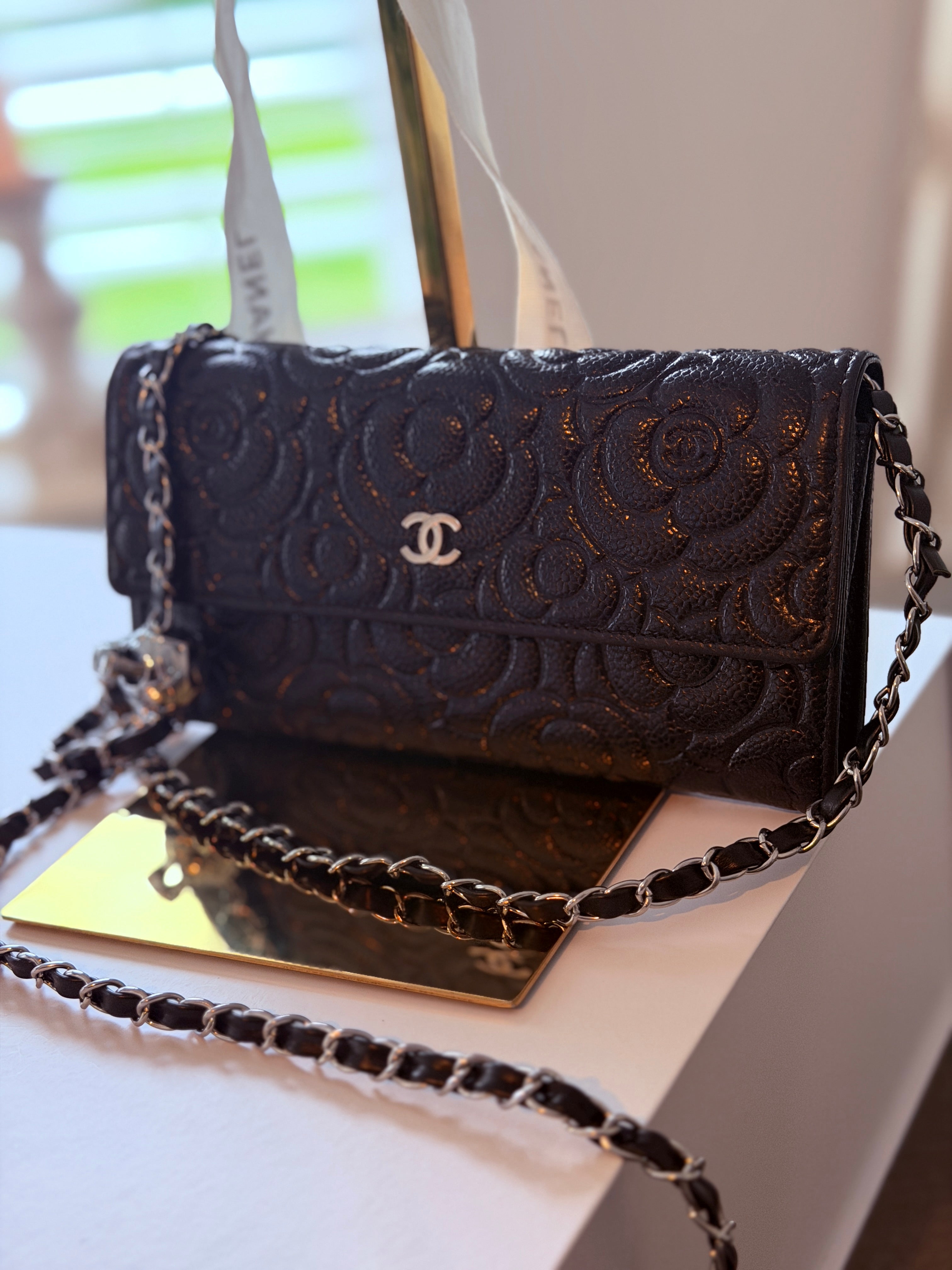 Chanel Camelia Long Wallet Black Caviar Leather Silver Hardware (2021)