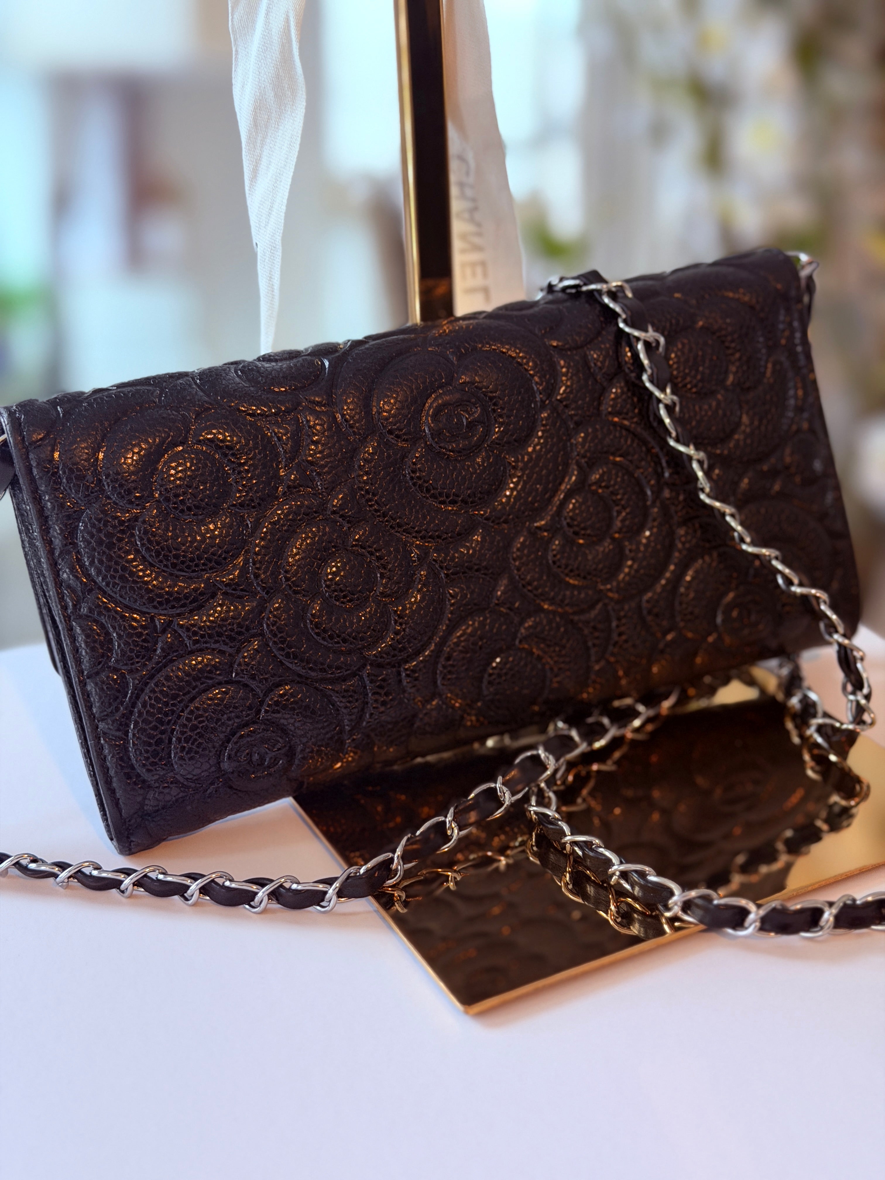 Chanel Camelia Long Wallet Black Caviar Leather Silver Hardware (2021)