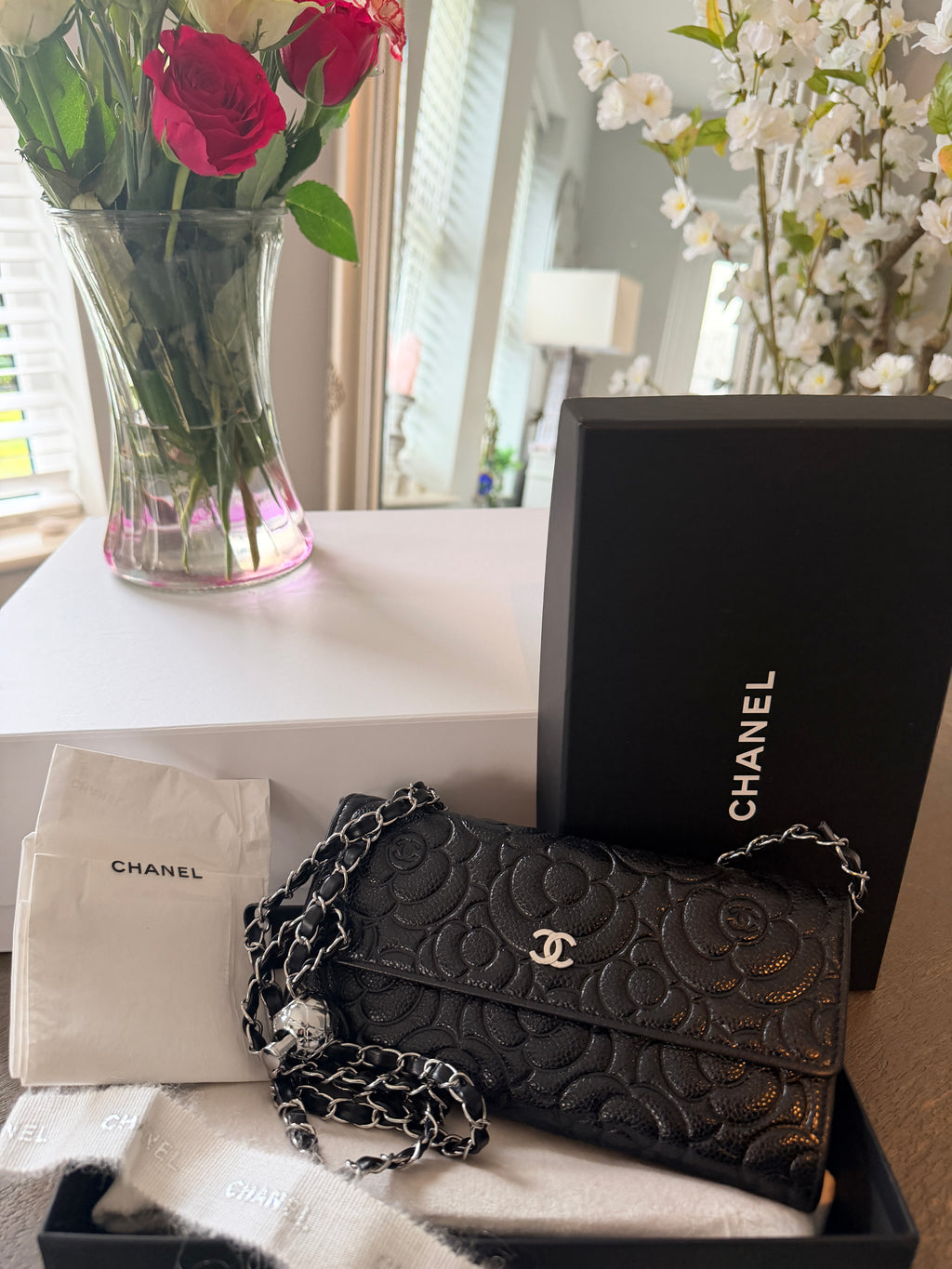Chanel Camelia Long Wallet Black Caviar Leather Silver Hardware (2021)