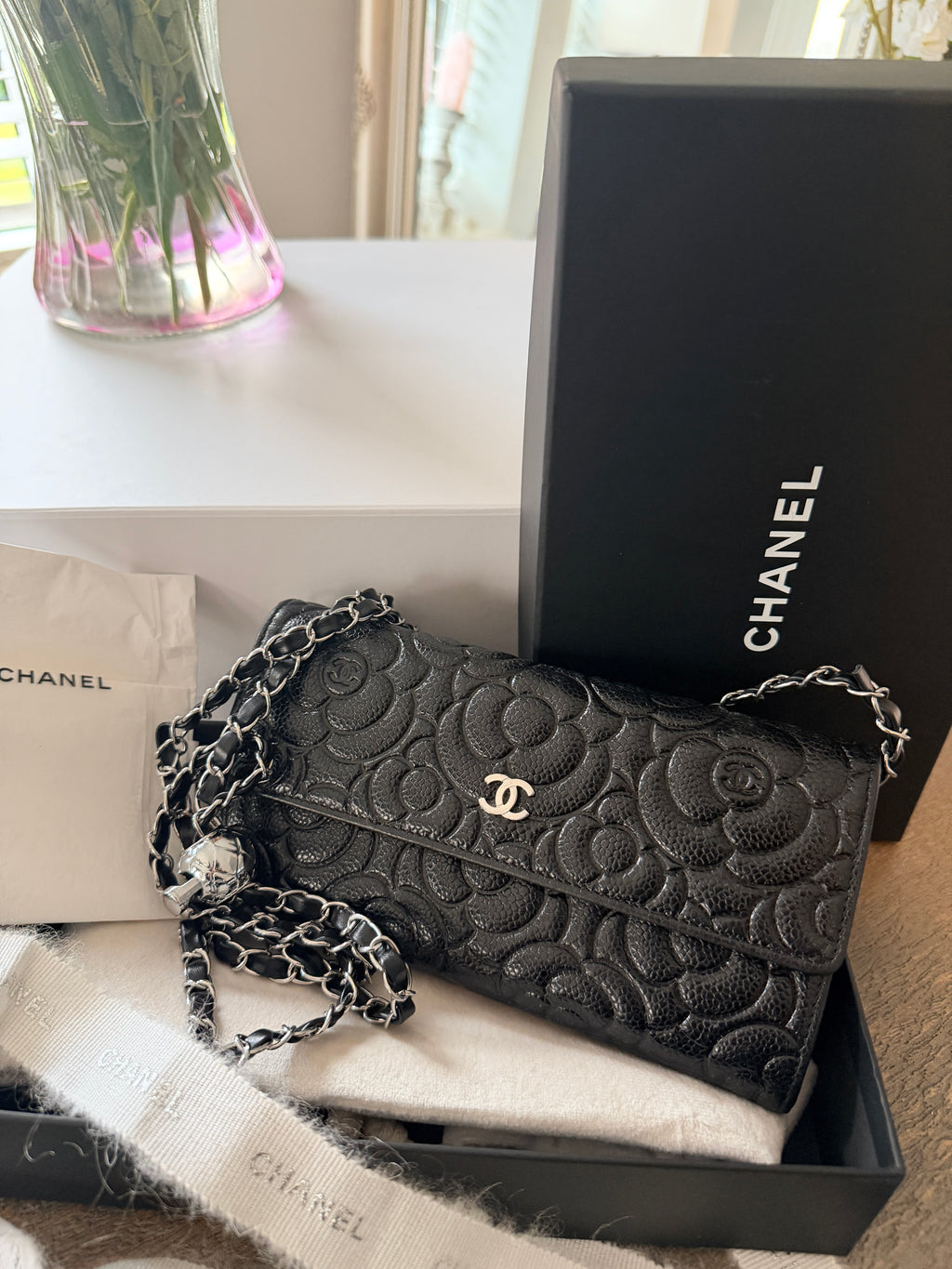 Chanel Camelia Long Wallet Black Caviar Leather Silver Hardware (2021)