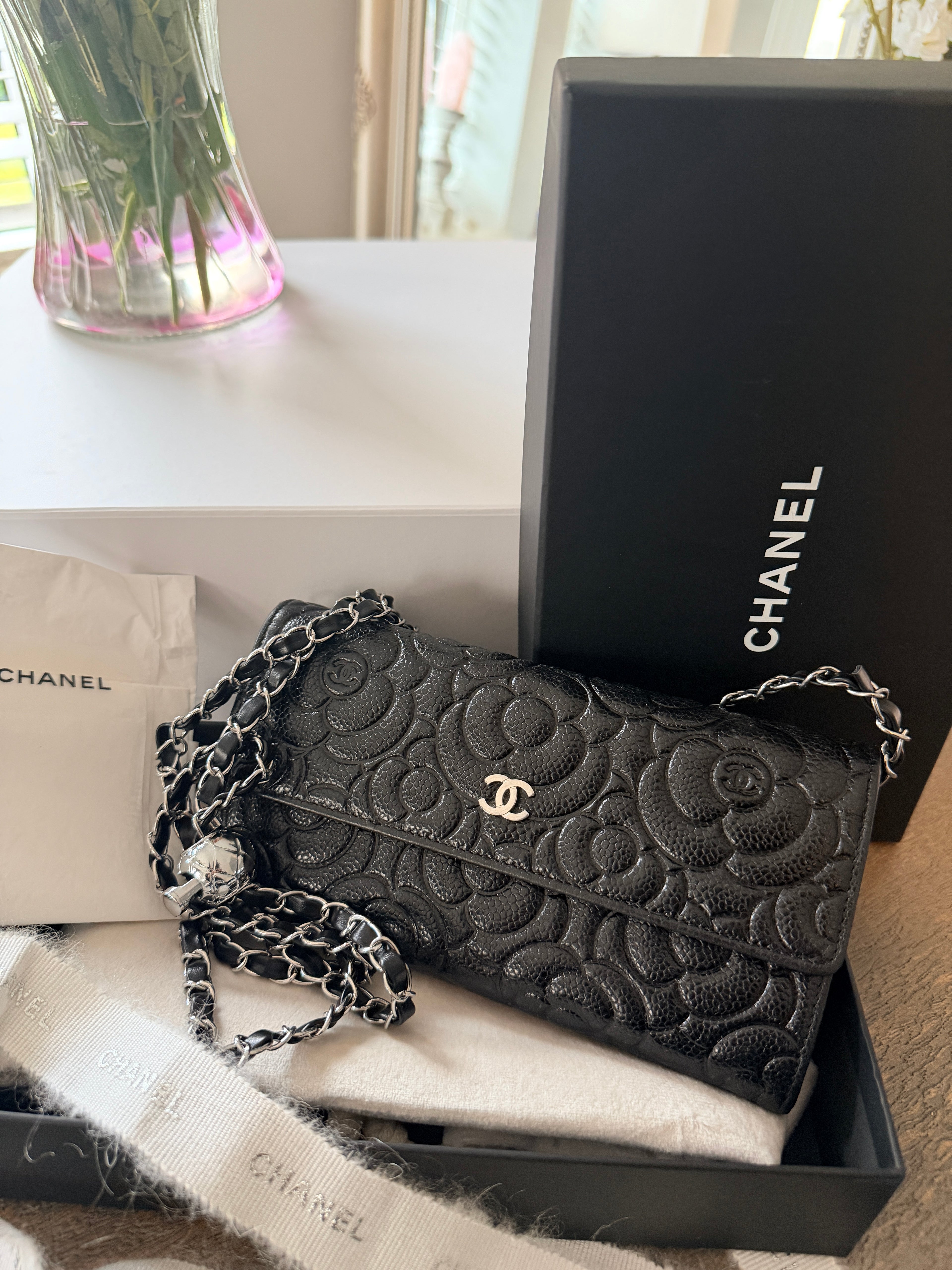 Chanel Camelia Long Wallet Black Caviar Leather Silver Hardware (2021)