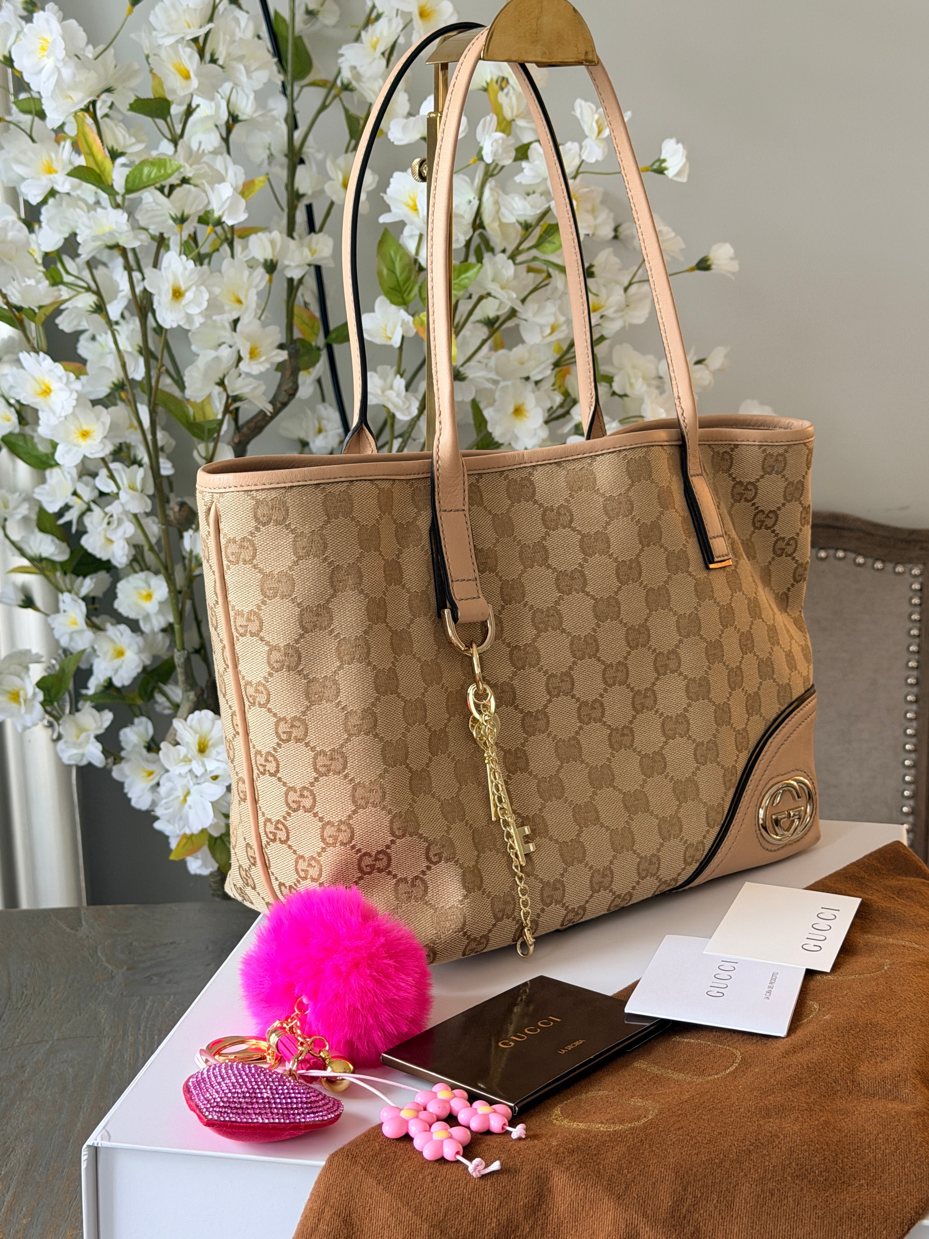 GUCCI Britt GG Canvas Tote Beige with Nude Leather Trim