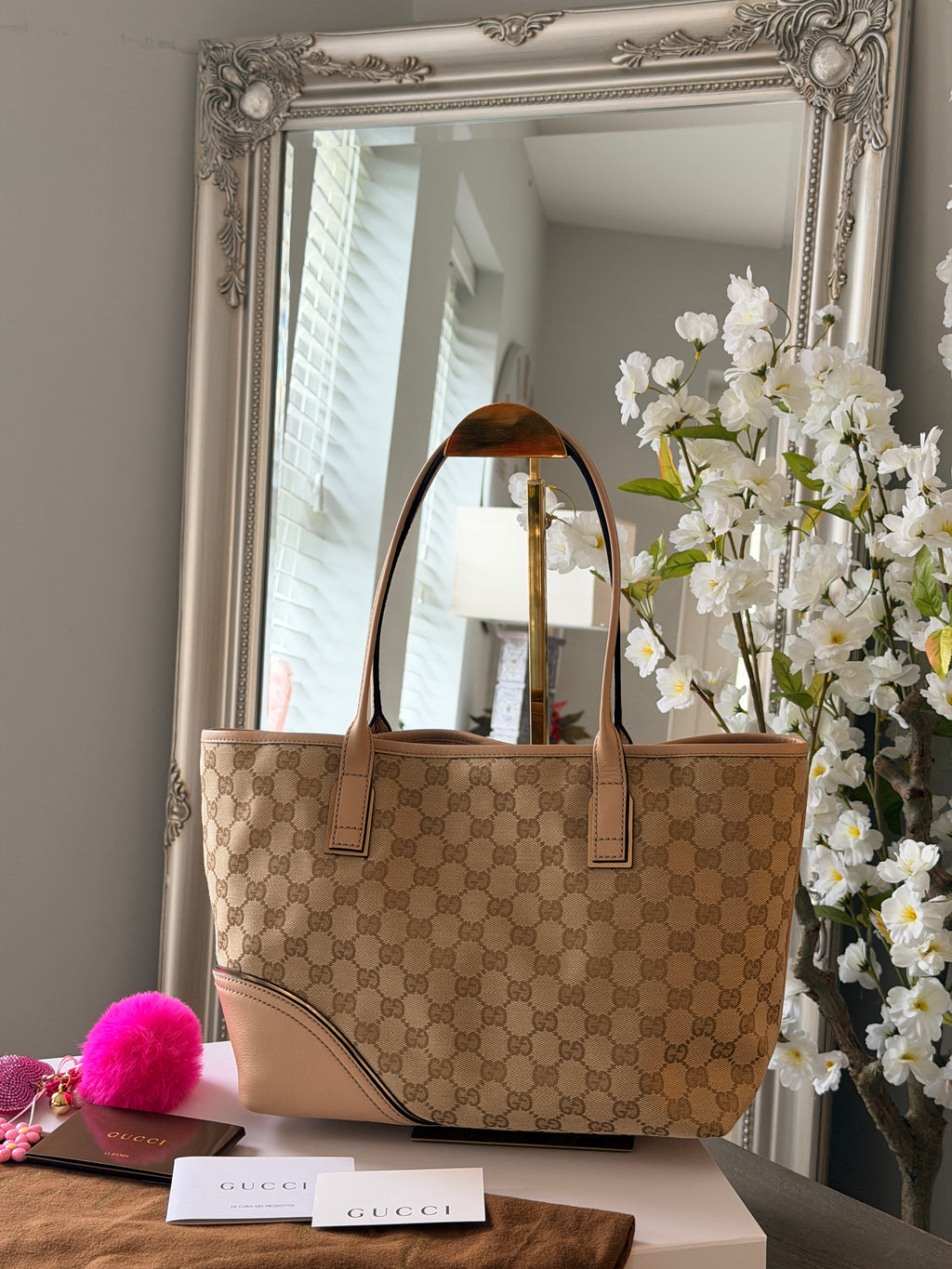 GUCCI Britt GG Canvas Tote Beige with Nude Leather Trim