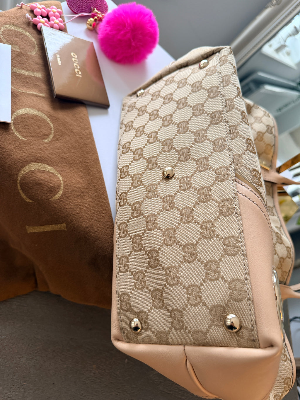GUCCI Britt GG Canvas Tote Beige with Nude Leather Trim