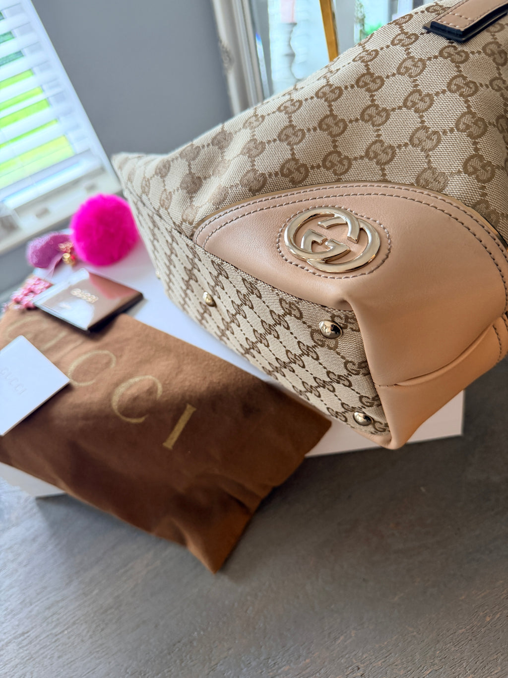 GUCCI Britt GG Canvas Tote Beige with Nude Leather Trim
