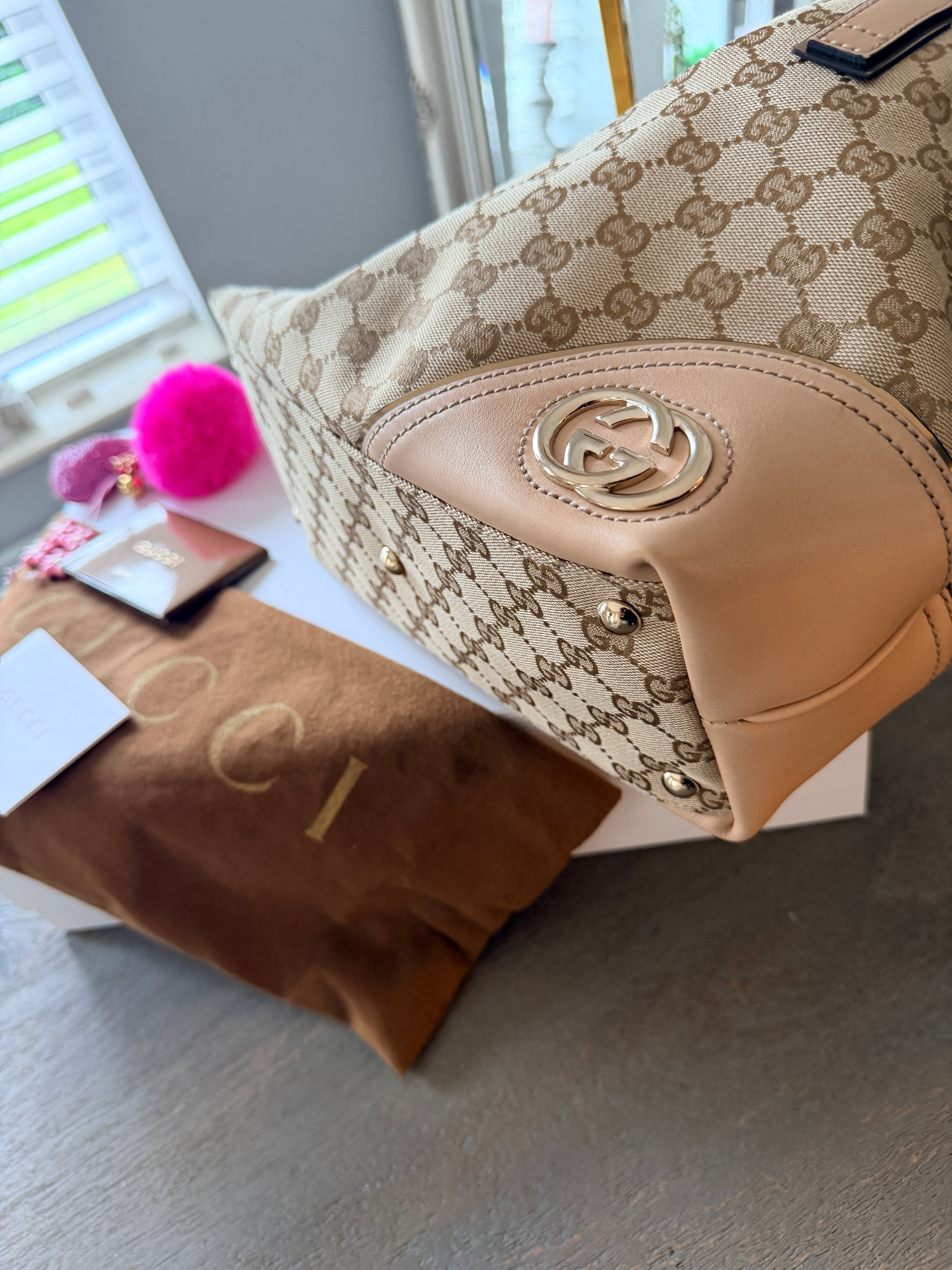 GUCCI Britt GG Canvas Tote Beige with Nude Leather Trim