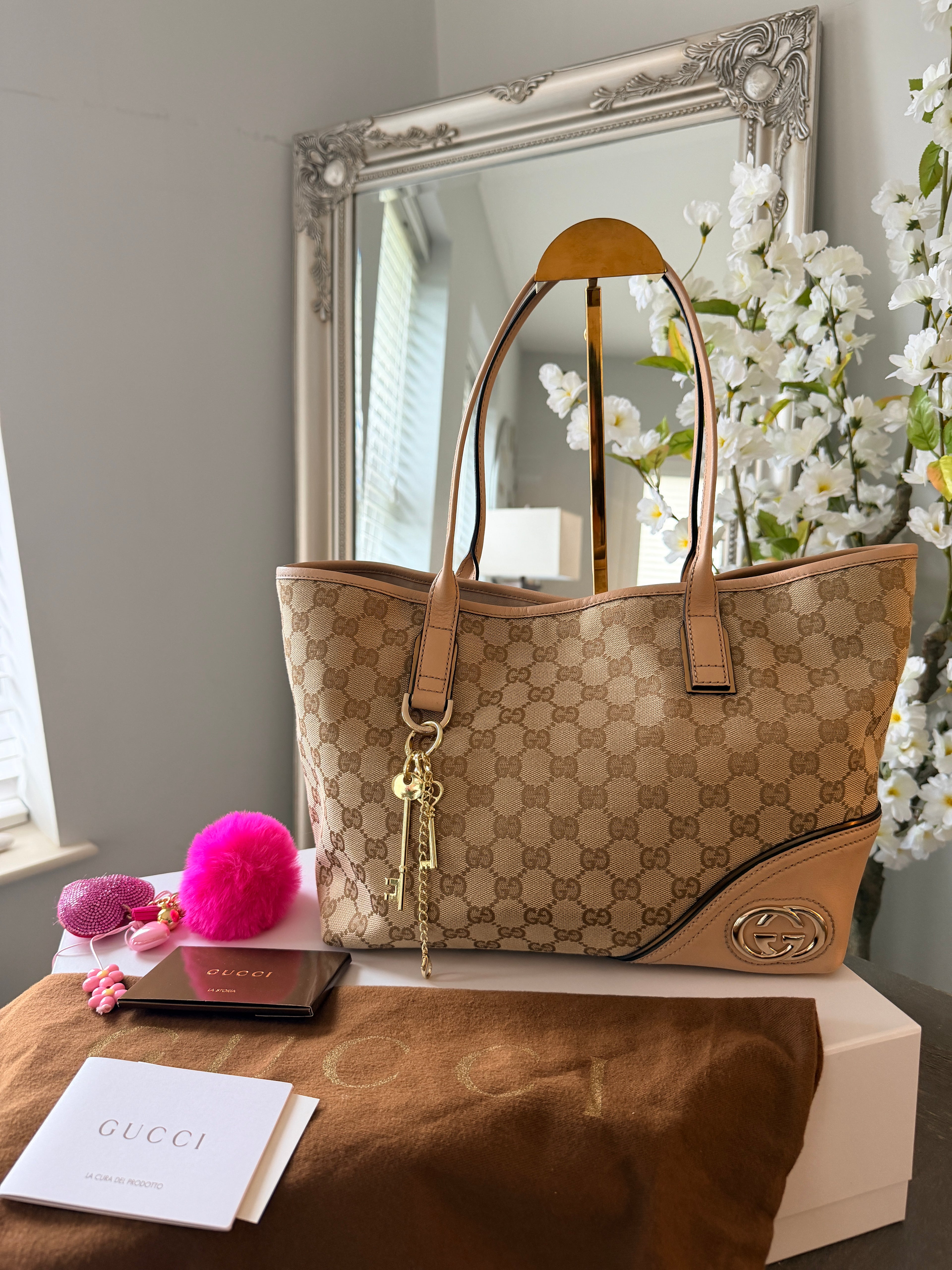 GUCCI Britt GG Canvas Tote Beige with Nude Leather Trim