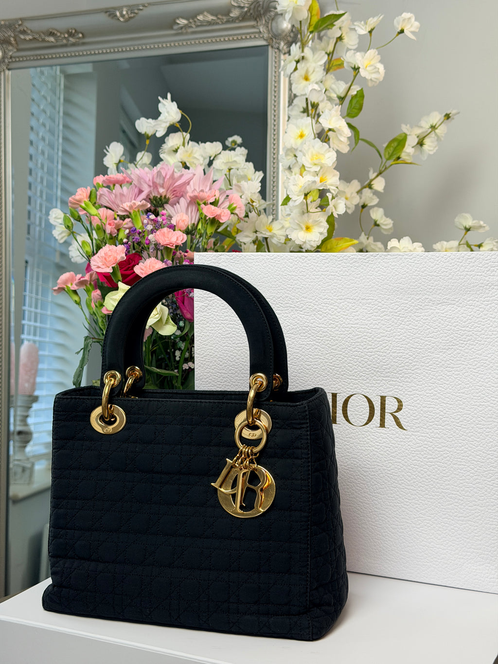 Christian Dior Lady Dior Medium Black Nylon Handbag Gold Hardware