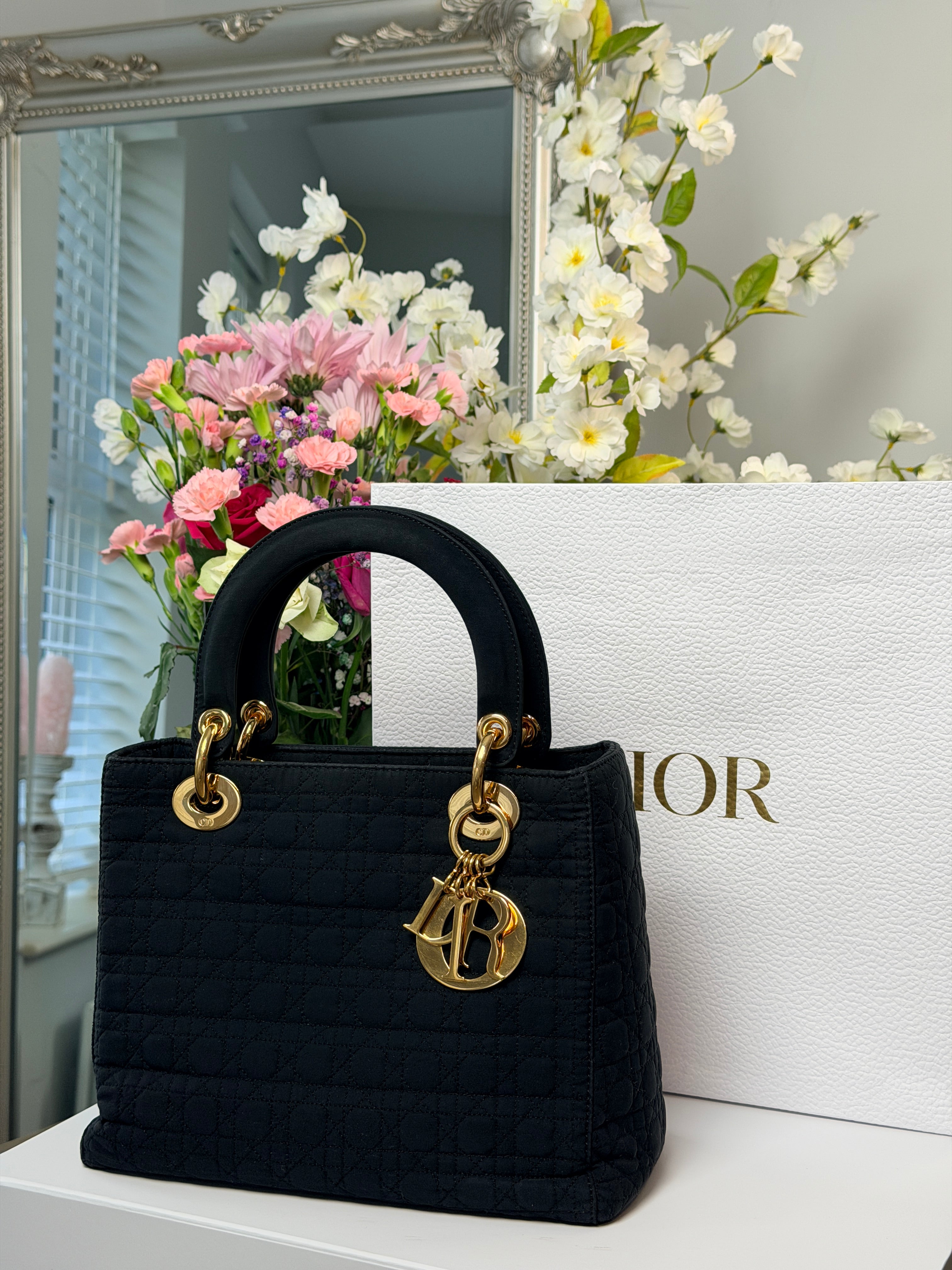 Christian Dior Lady Dior Medium Black Nylon Handbag Gold Hardware