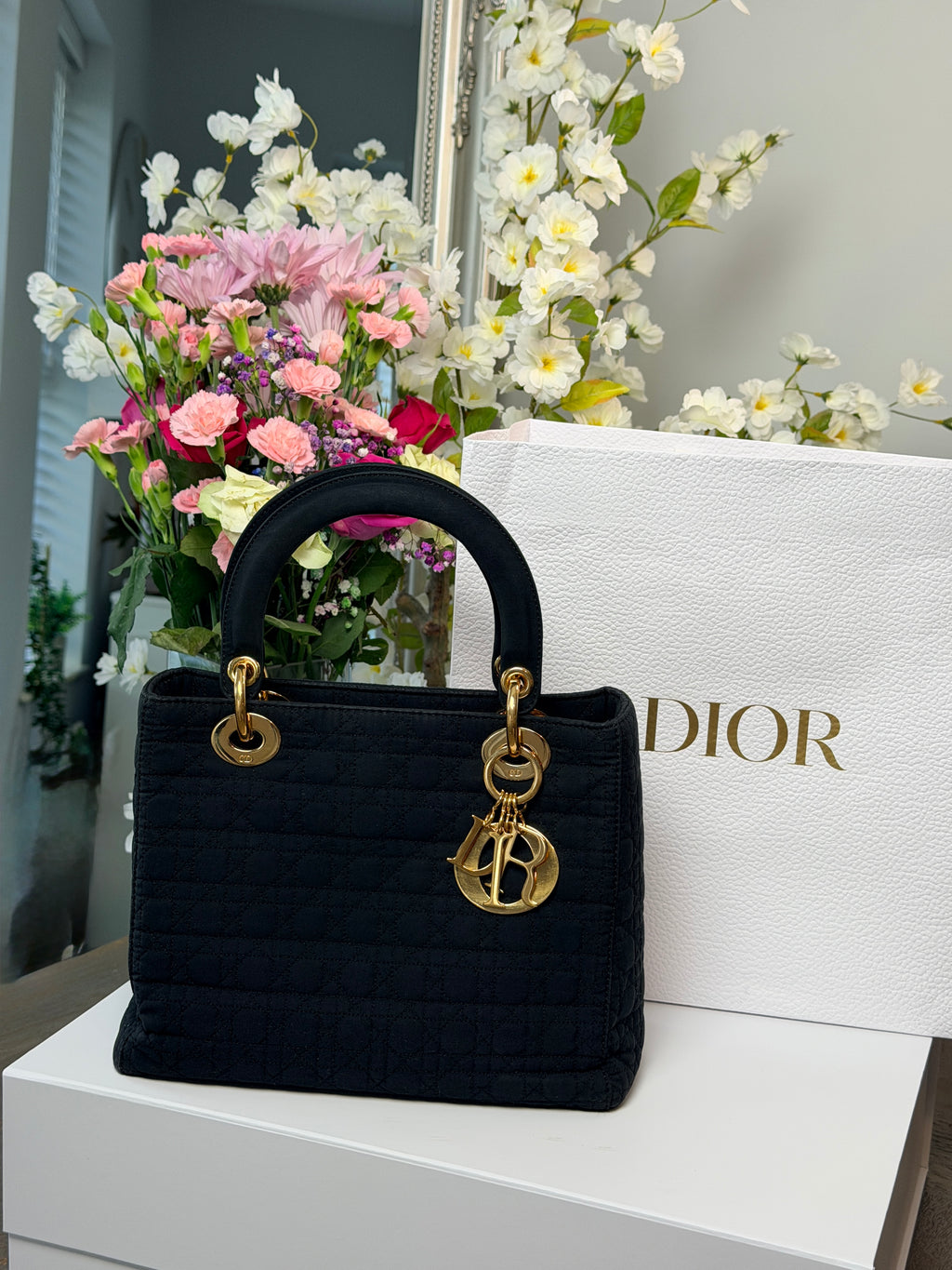 Christian Dior Lady Dior Medium Black Nylon Handbag Gold Hardware