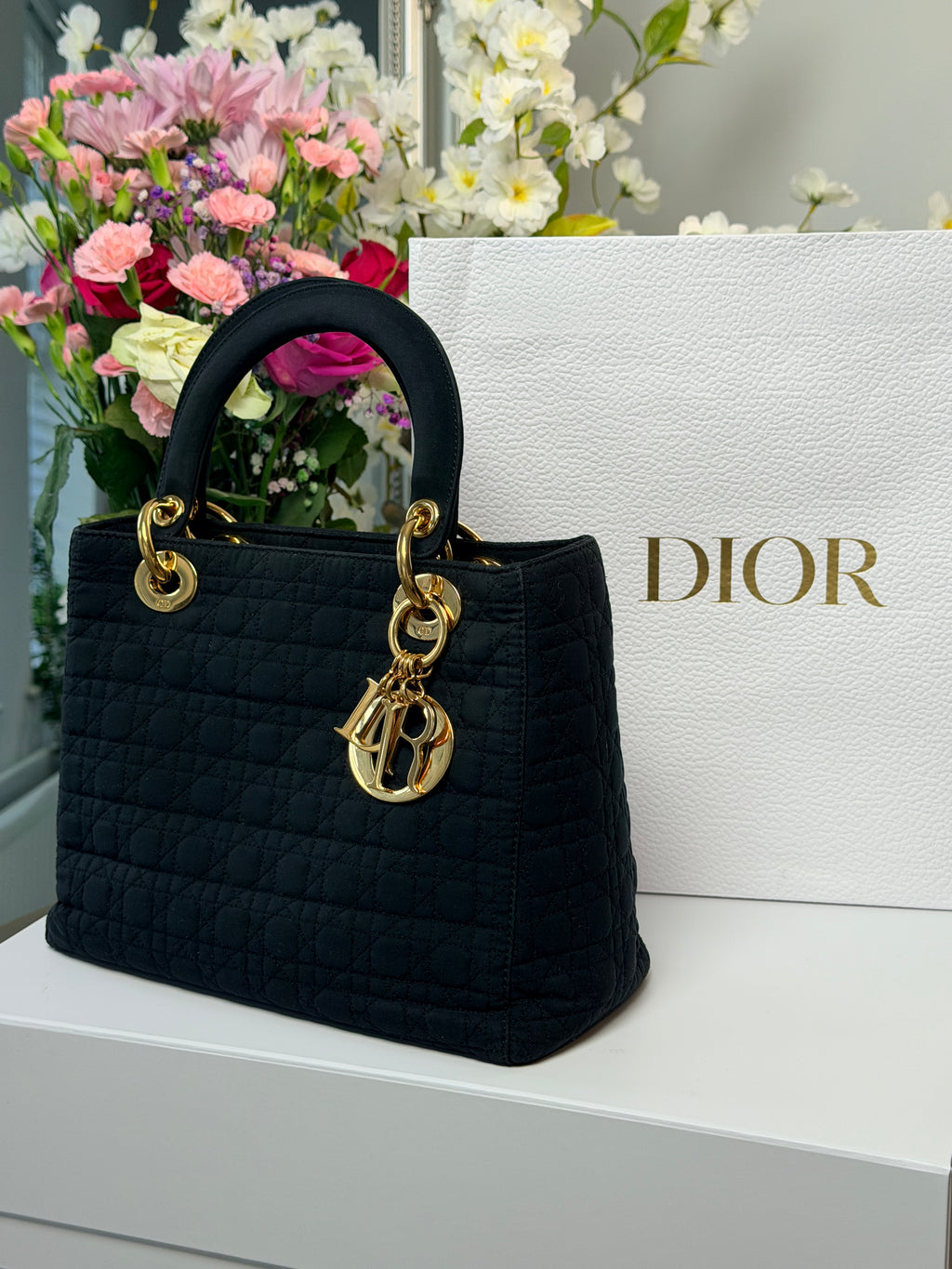 Christian Dior Lady Dior Medium Black Nylon Handbag Gold Hardware