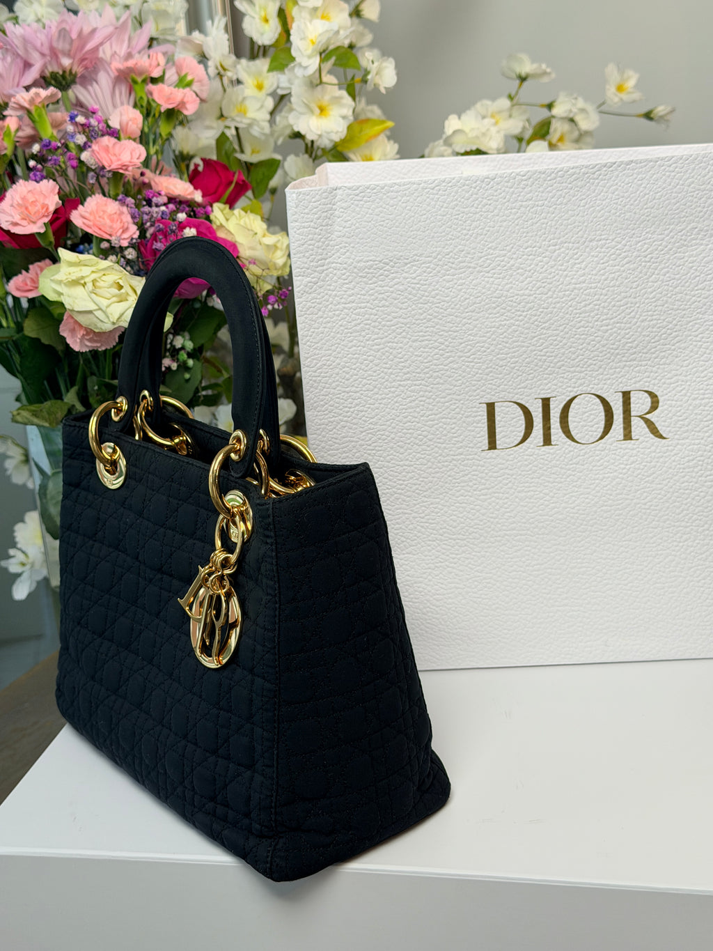 Christian Dior Lady Dior Medium Black Nylon Handbag Gold Hardware