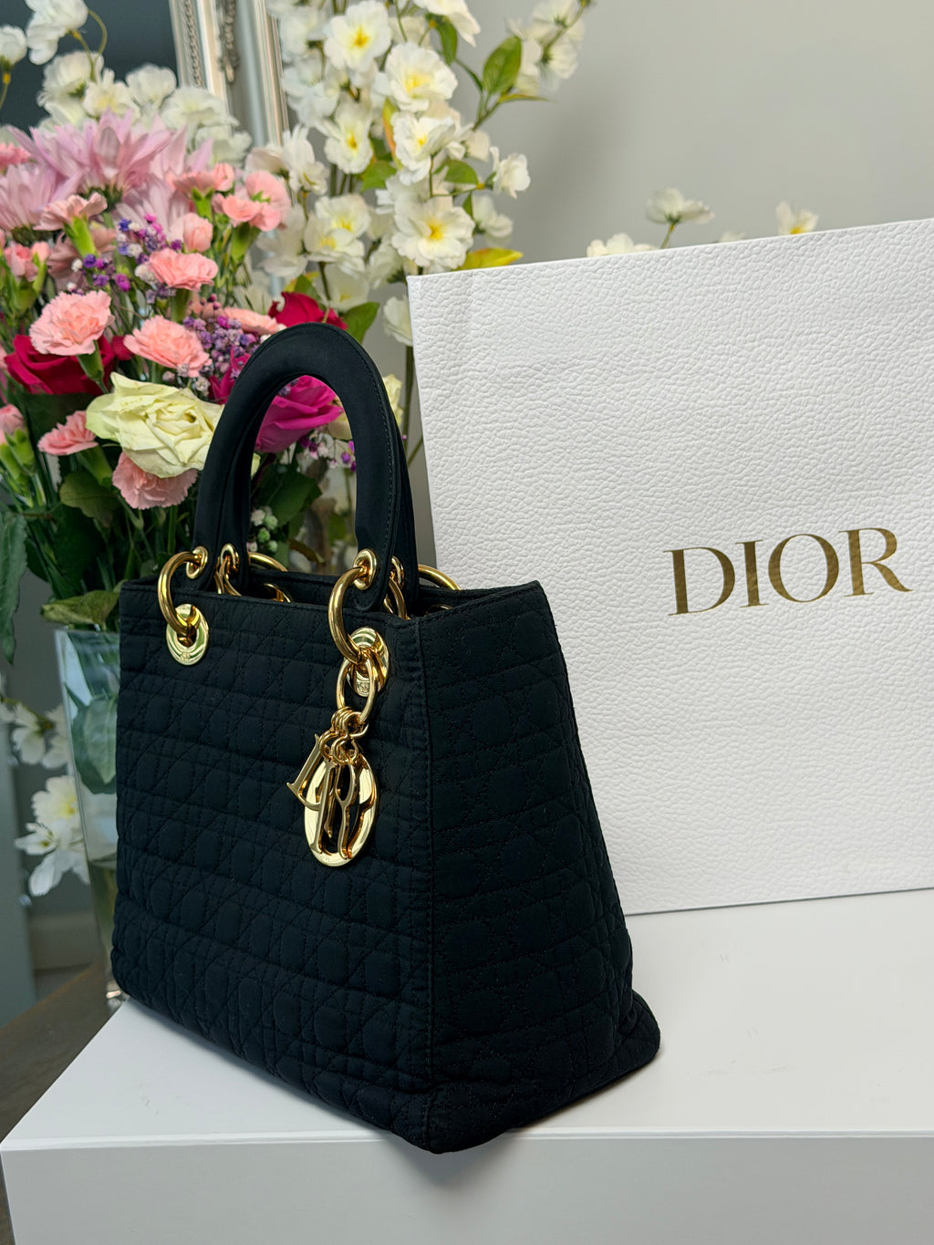 Christian Dior Lady Dior Medium Black Nylon Handbag Gold Hardware