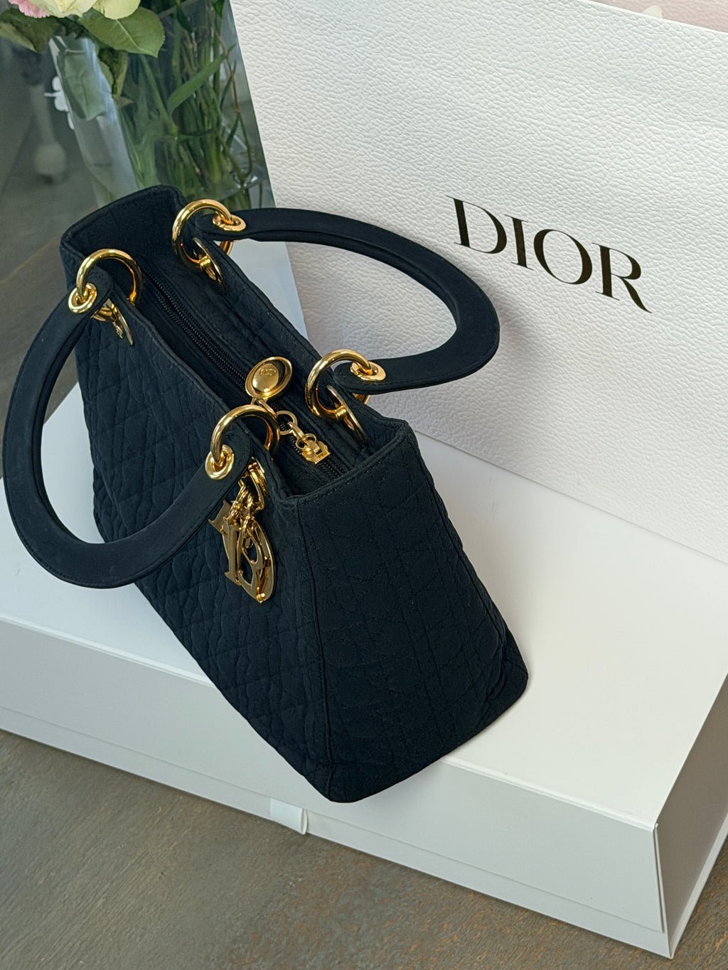 Christian Dior Lady Dior Medium Black Nylon Handbag Gold Hardware