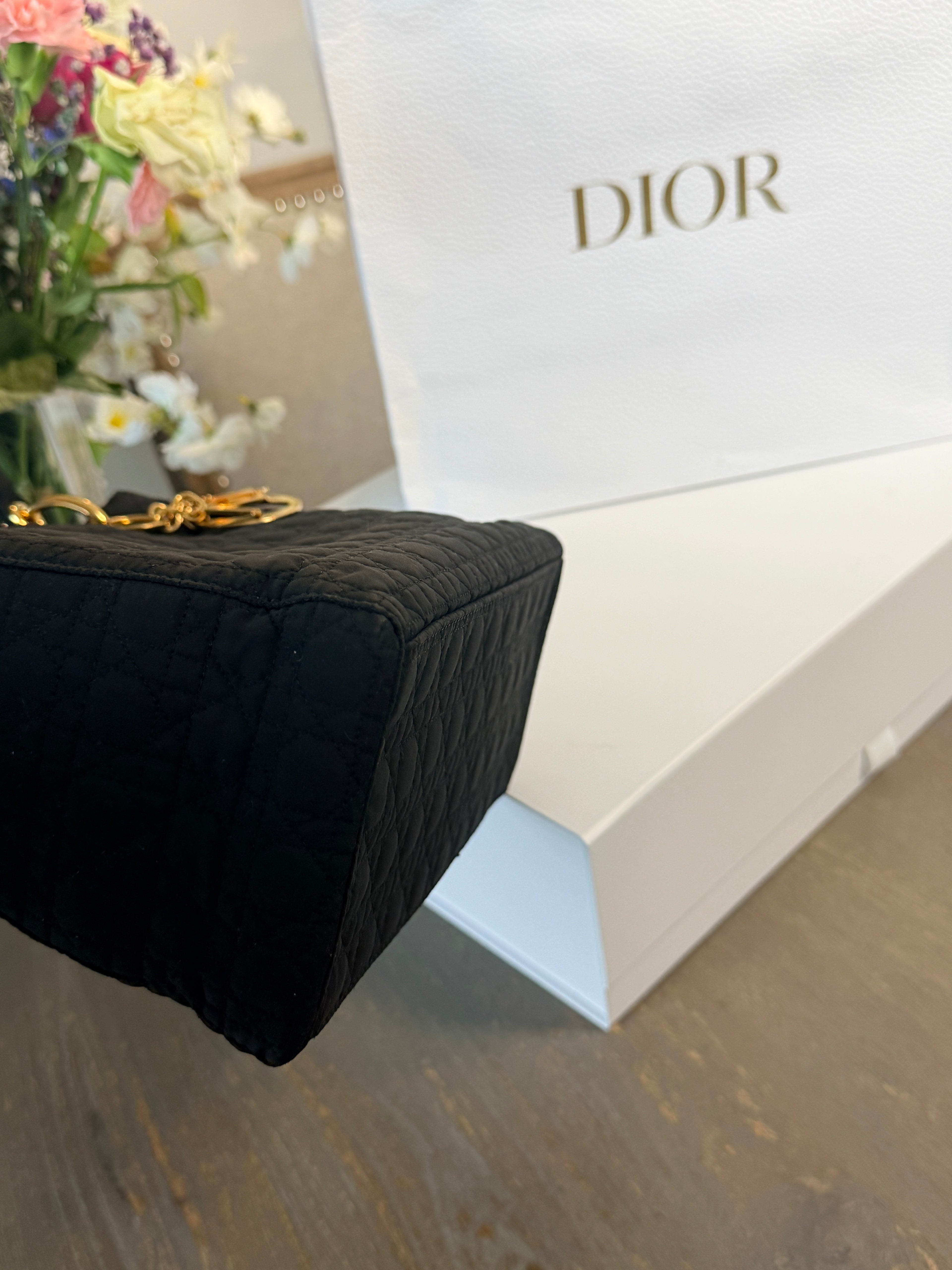 Christian Dior Lady Dior Medium Black Nylon Handbag Gold Hardware