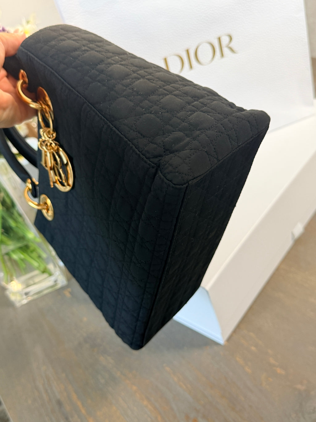 Christian Dior Lady Dior Medium Black Nylon Handbag Gold Hardware