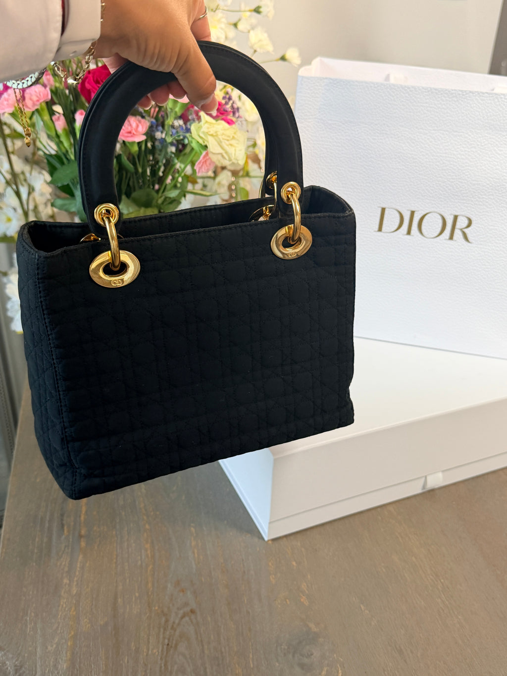 Christian Dior Lady Dior Medium Black Nylon Handbag Gold Hardware