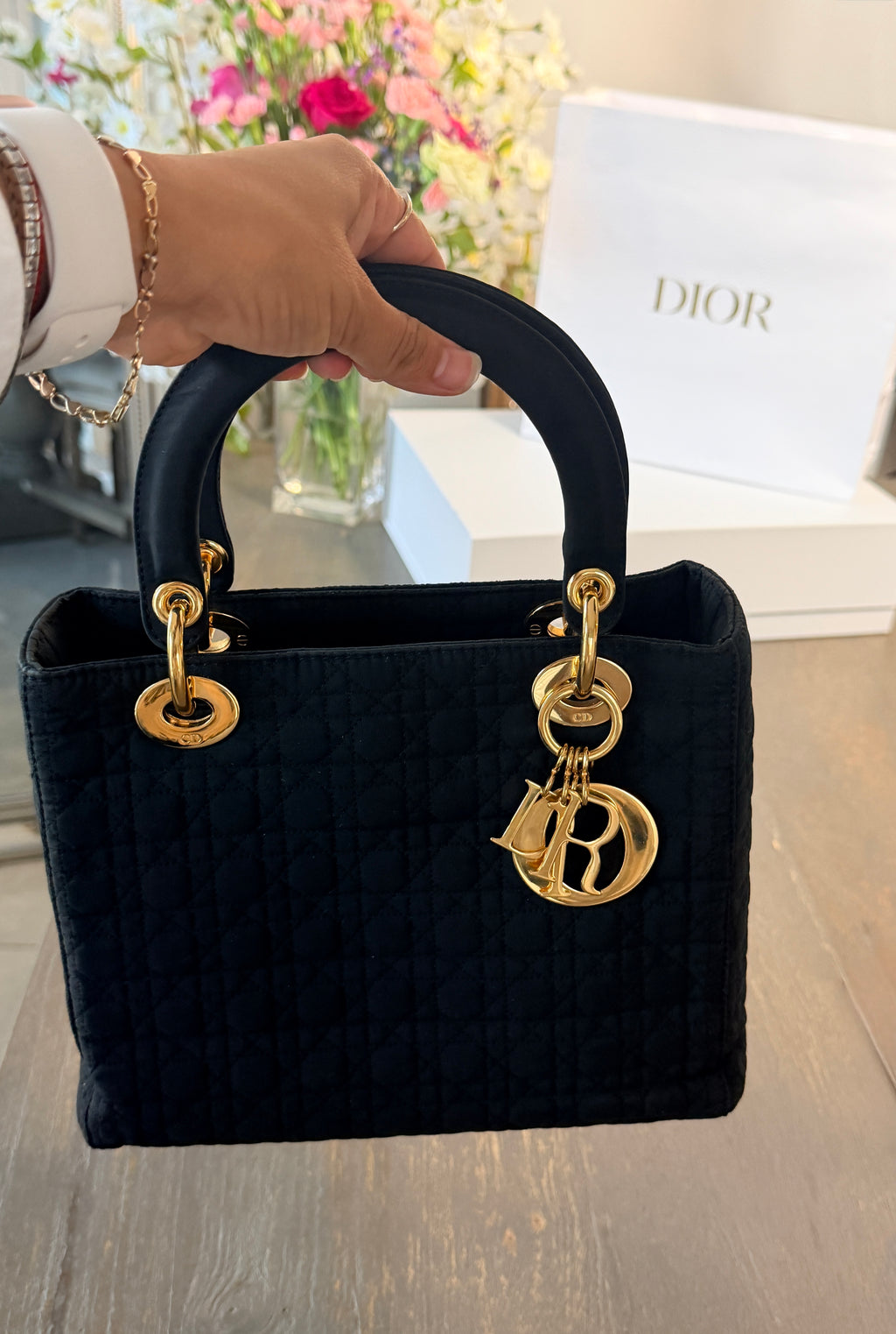 Christian Dior Lady Dior Medium Black Nylon Handbag Gold Hardware