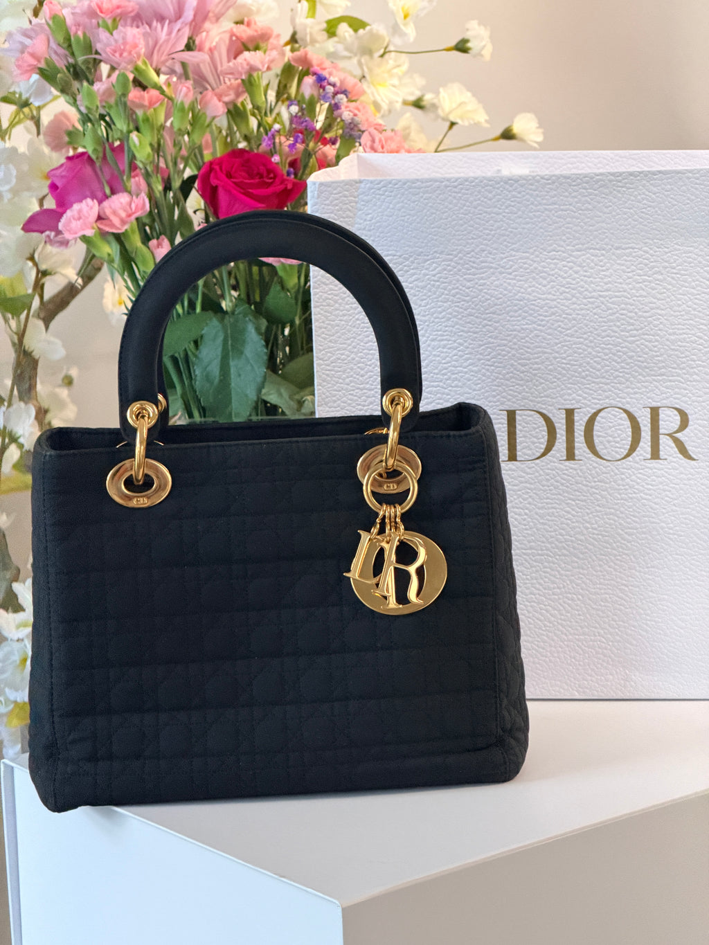 Christian Dior Lady Dior Medium Black Nylon Handbag Gold Hardware