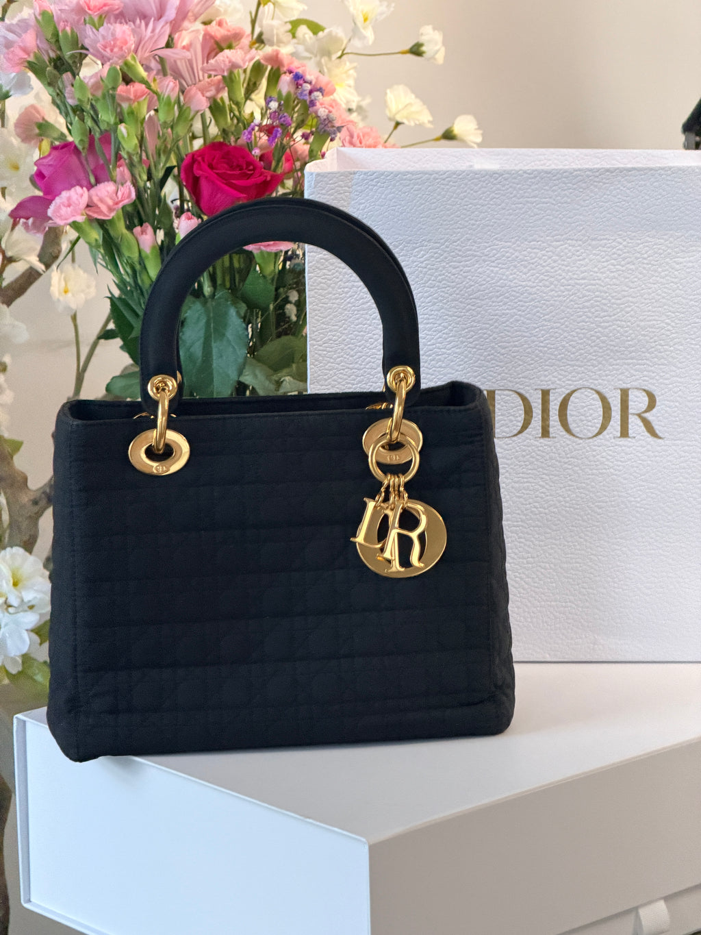 Christian Dior Lady Dior Medium Black Nylon Handbag Gold Hardware