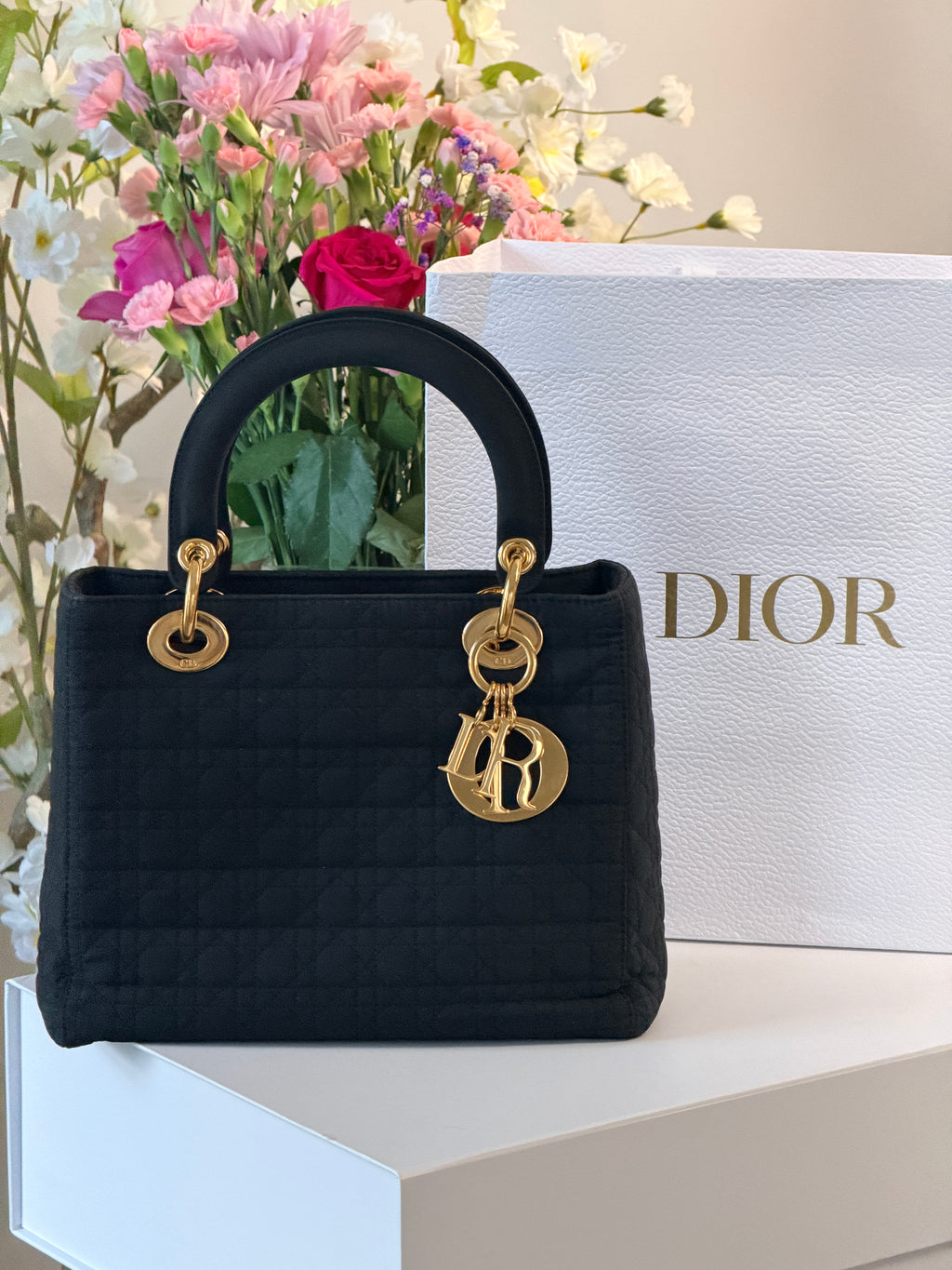 Christian Dior Lady Dior Medium Black Nylon Handbag Gold Hardware