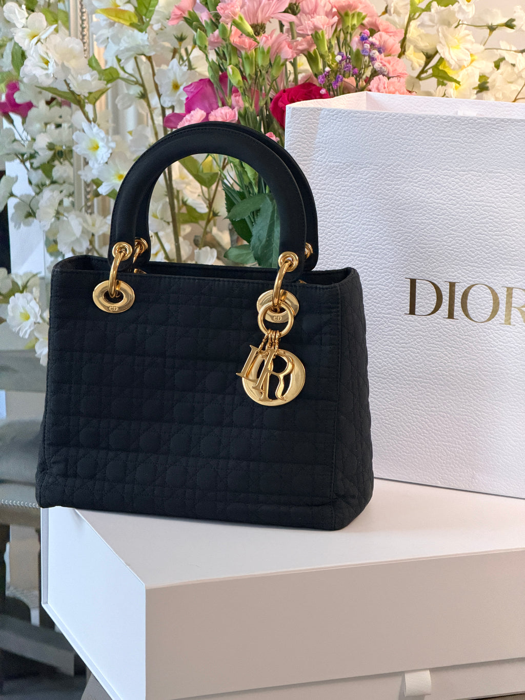 Christian Dior Lady Dior Medium Black Nylon Handbag Gold Hardware
