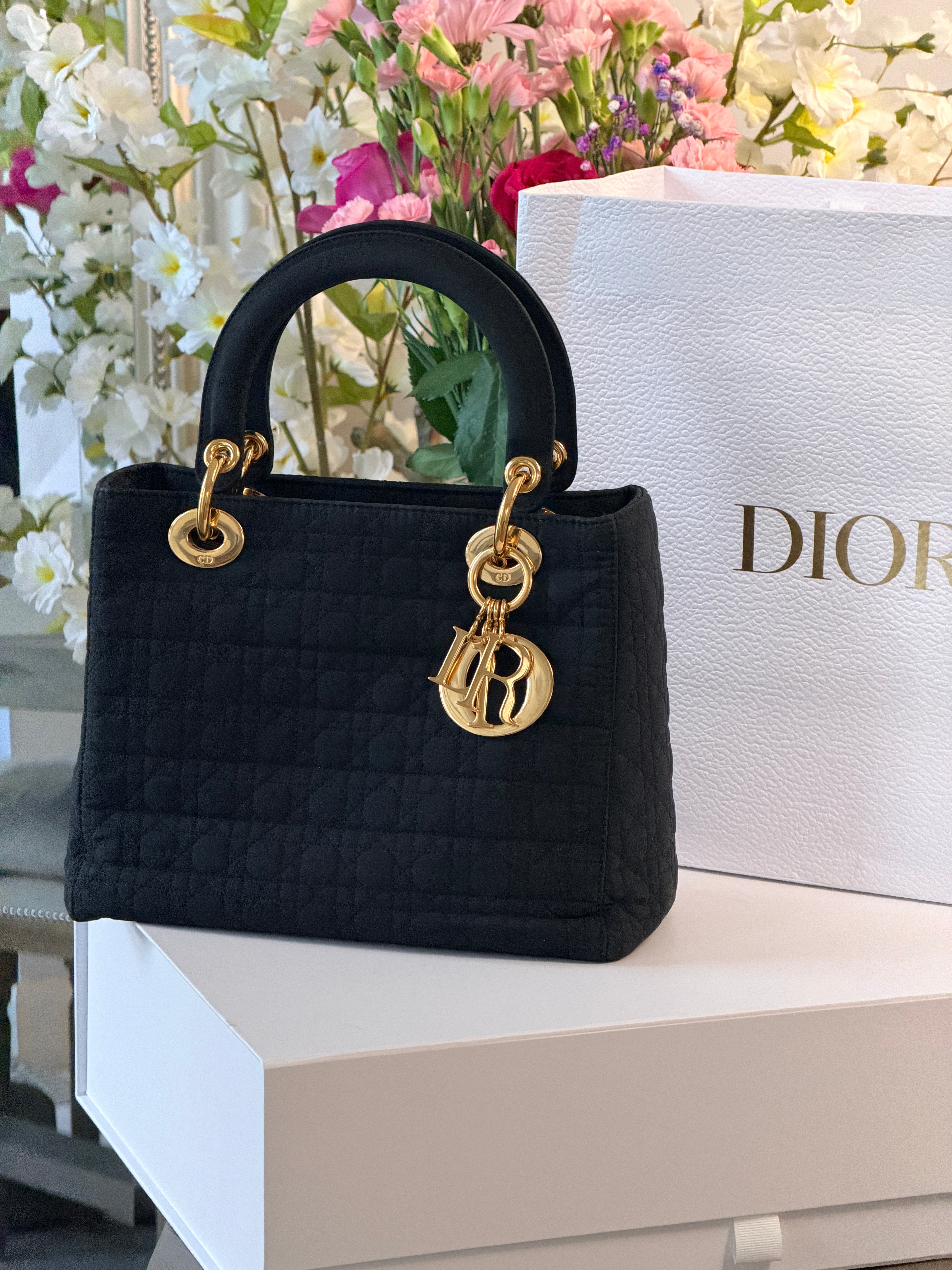Christian Dior Lady Dior Medium Black Nylon Handbag Gold Hardware