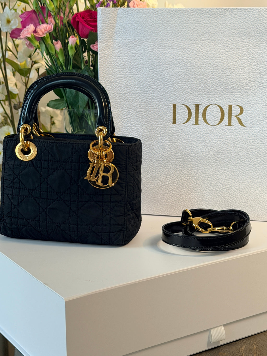 Christian Dior Lady Dior Mini Handbag Black Nylon Gold Hardware