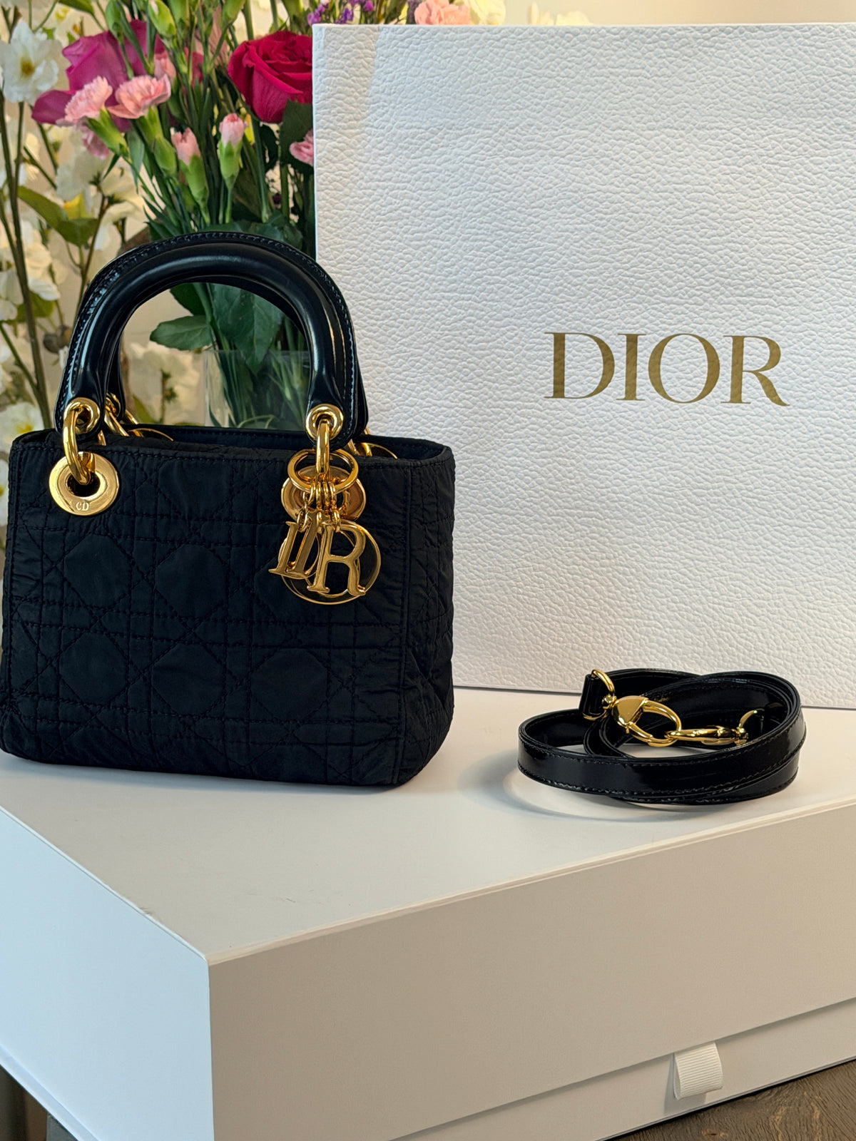 Christian Dior Lady Dior Mini Handbag Black Nylon Gold Hardware