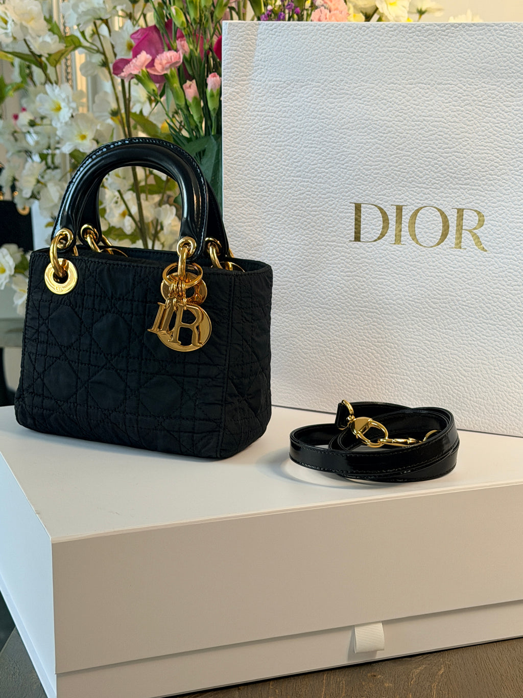 Christian Dior Lady Dior Mini Handbag Black Nylon Gold Hardware