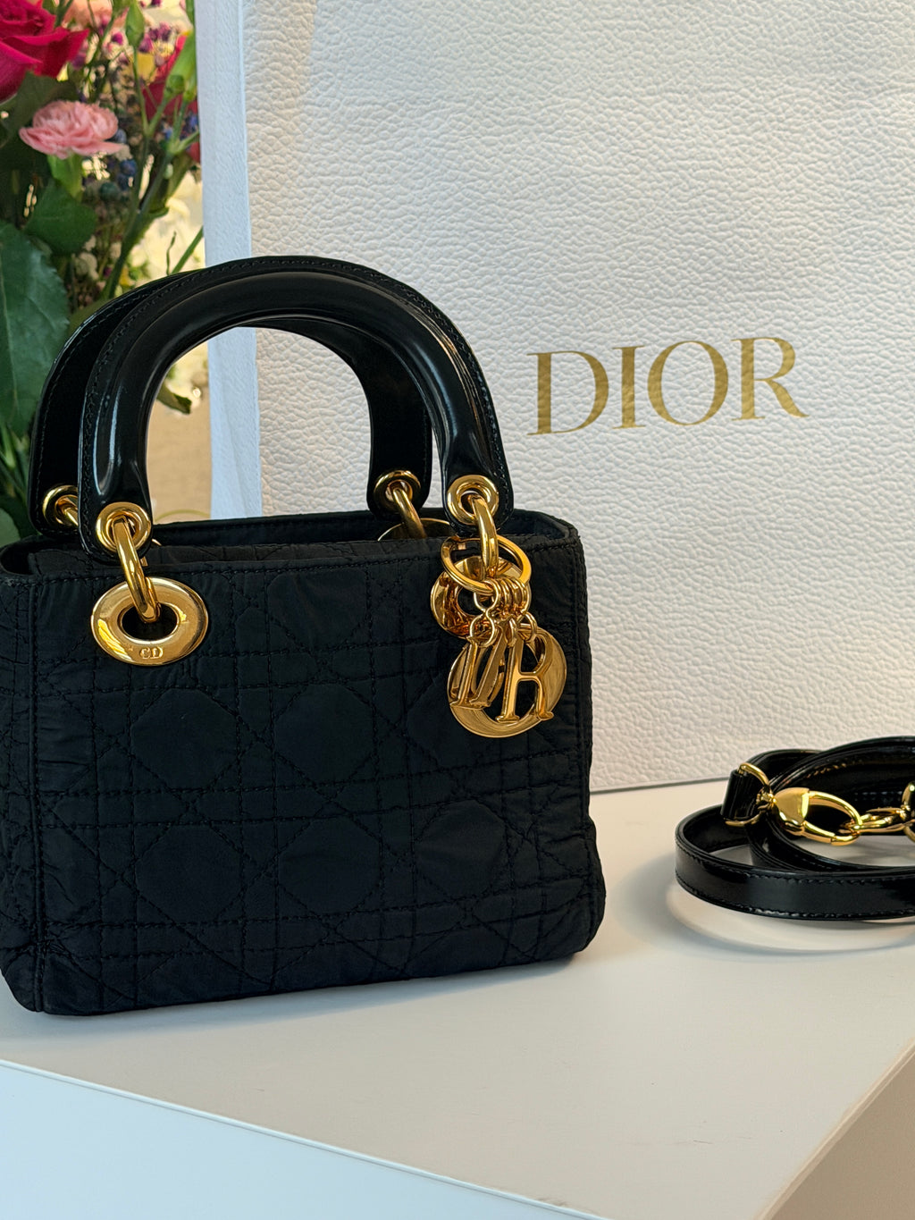 Christian Dior Lady Dior Mini Handbag Black Nylon Gold Hardware