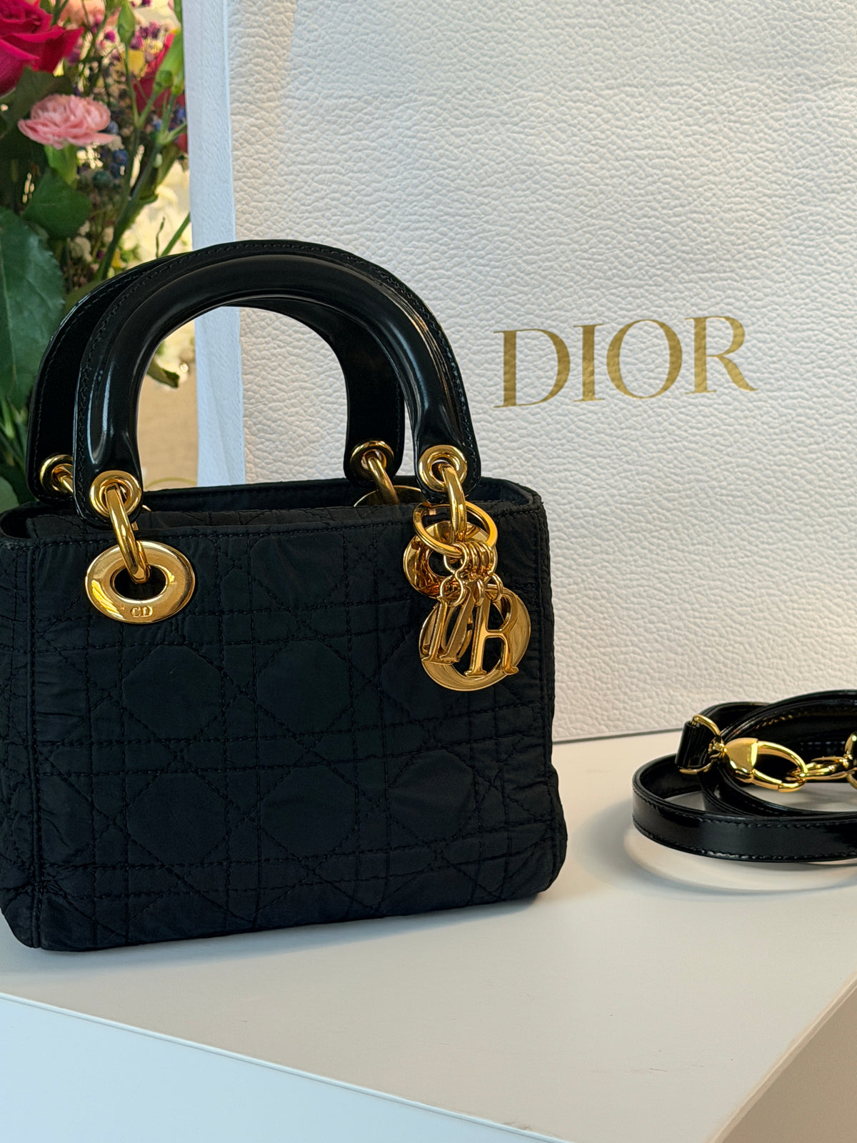 Christian Dior Lady Dior Mini Handbag Black Nylon Gold Hardware
