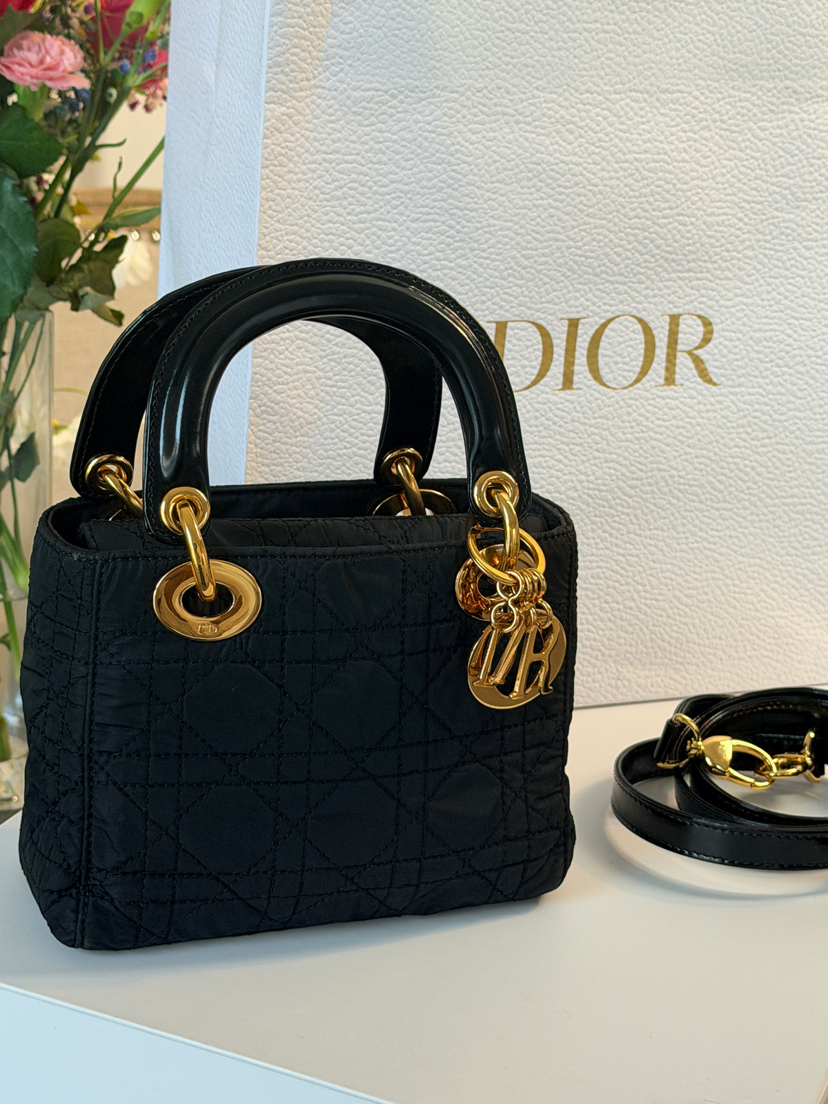 Christian Dior Lady Dior Mini Handbag Black Nylon Gold Hardware