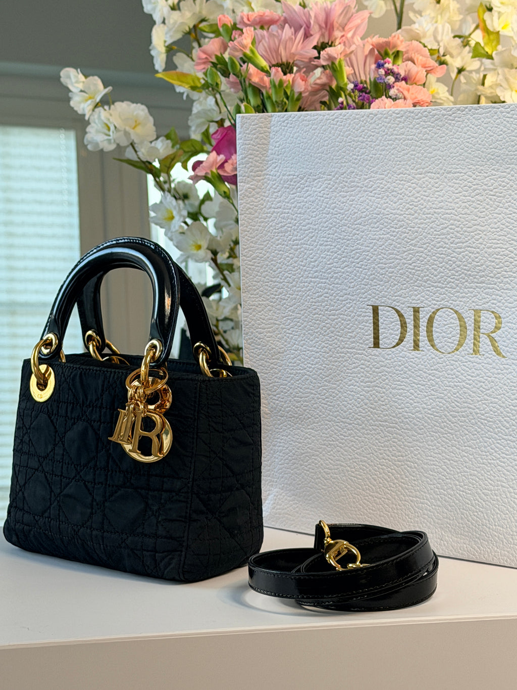 Christian Dior Lady Dior Mini Handbag Black Nylon Gold Hardware
