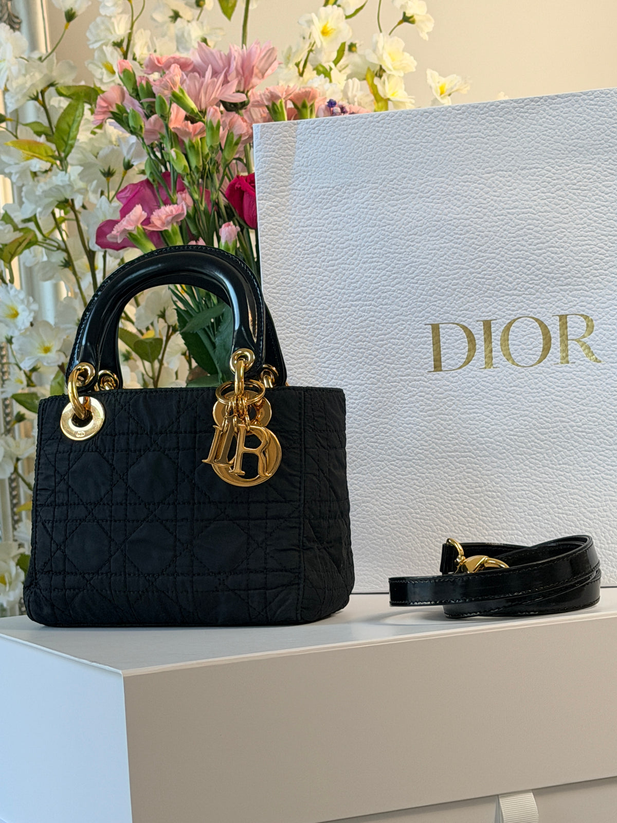 Christian Dior Lady Dior Mini Handbag Black Nylon Gold Hardware