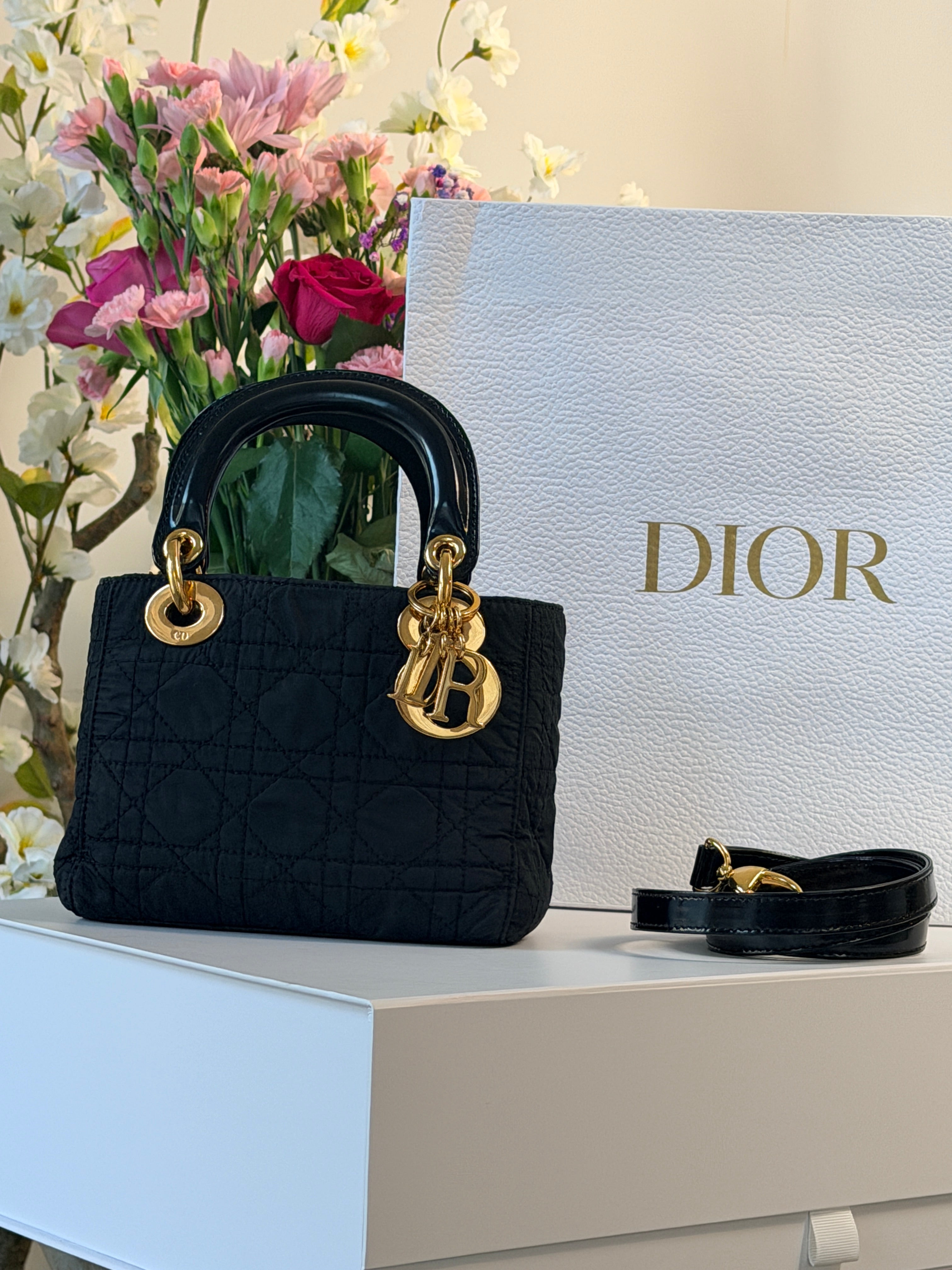 Christian Dior Lady Dior Mini Handbag Black Nylon Gold Hardware