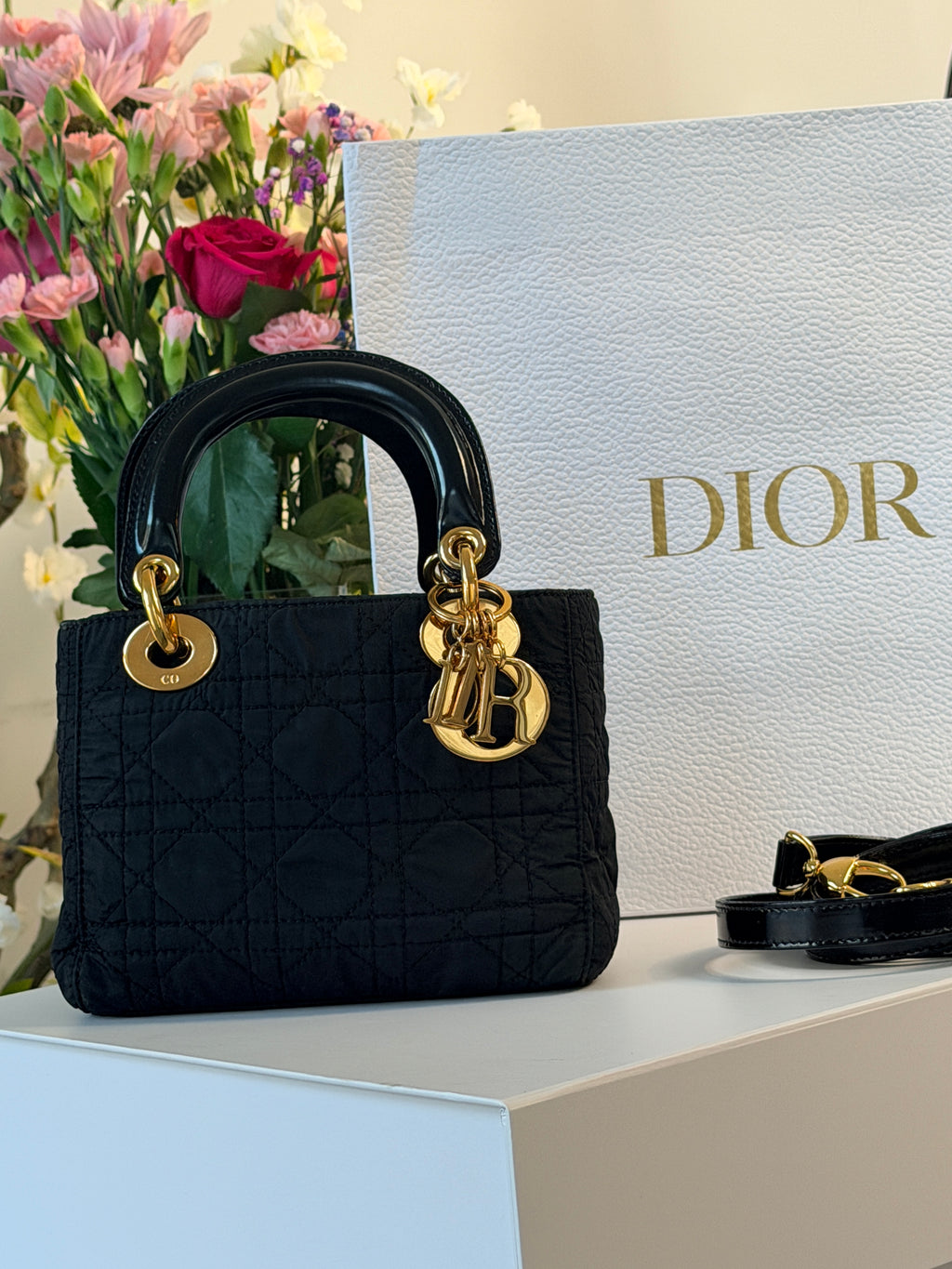 Christian Dior Lady Dior Mini Handbag Black Nylon Gold Hardware
