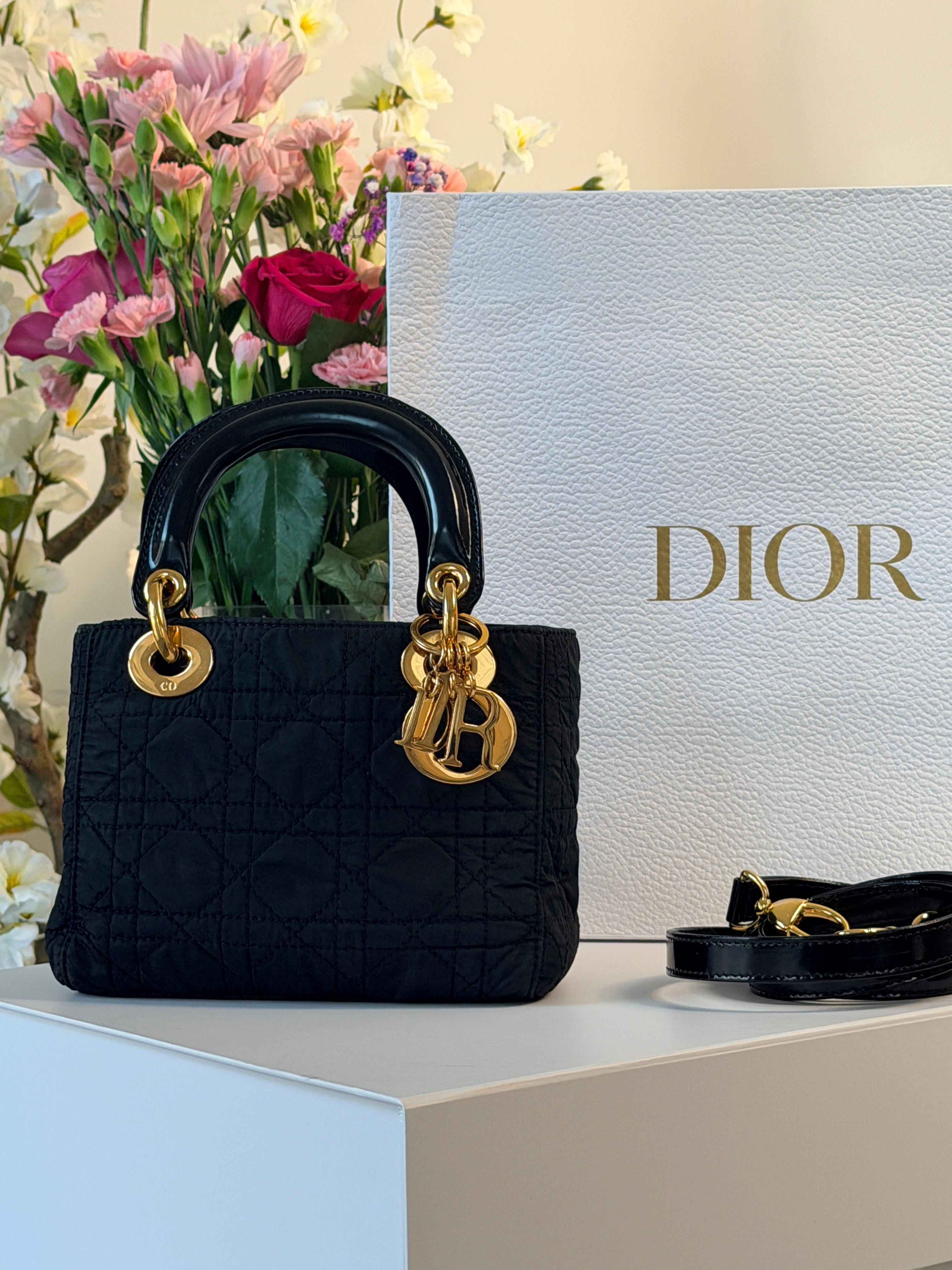 Christian Dior Lady Dior Mini Handbag Black Nylon Gold Hardware