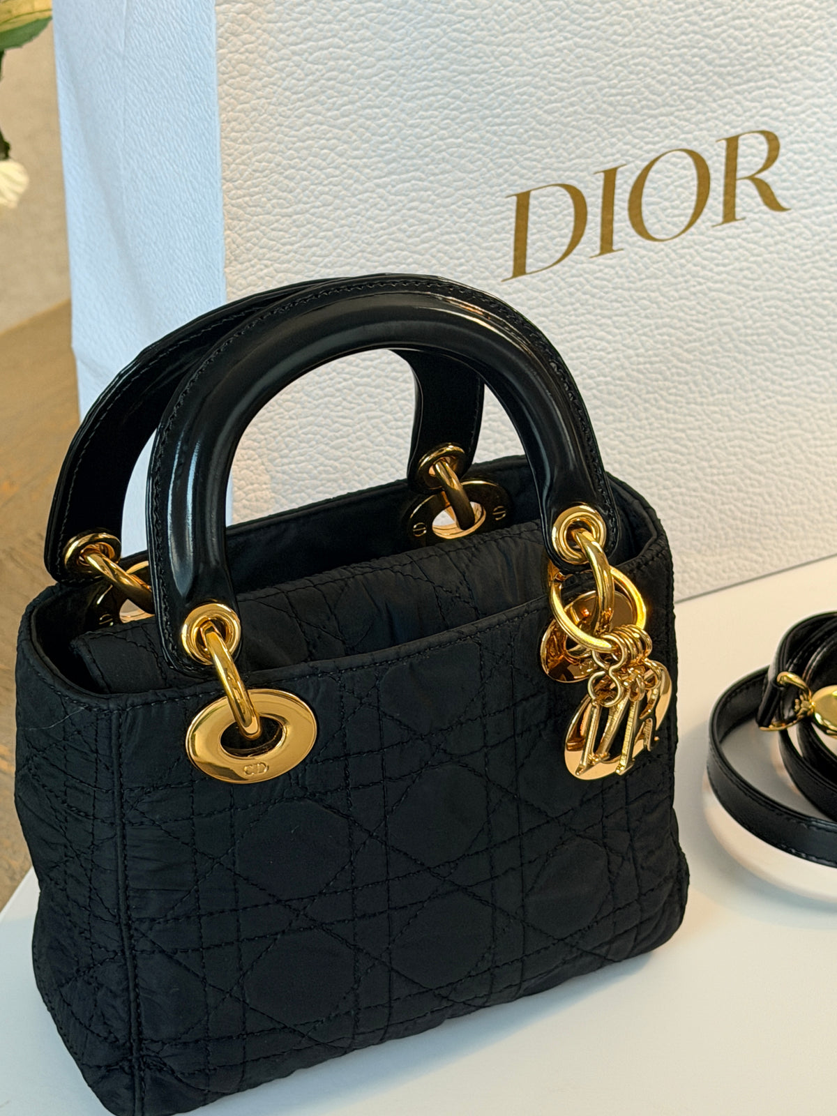 Christian Dior Lady Dior Mini Handbag Black Nylon Gold Hardware
