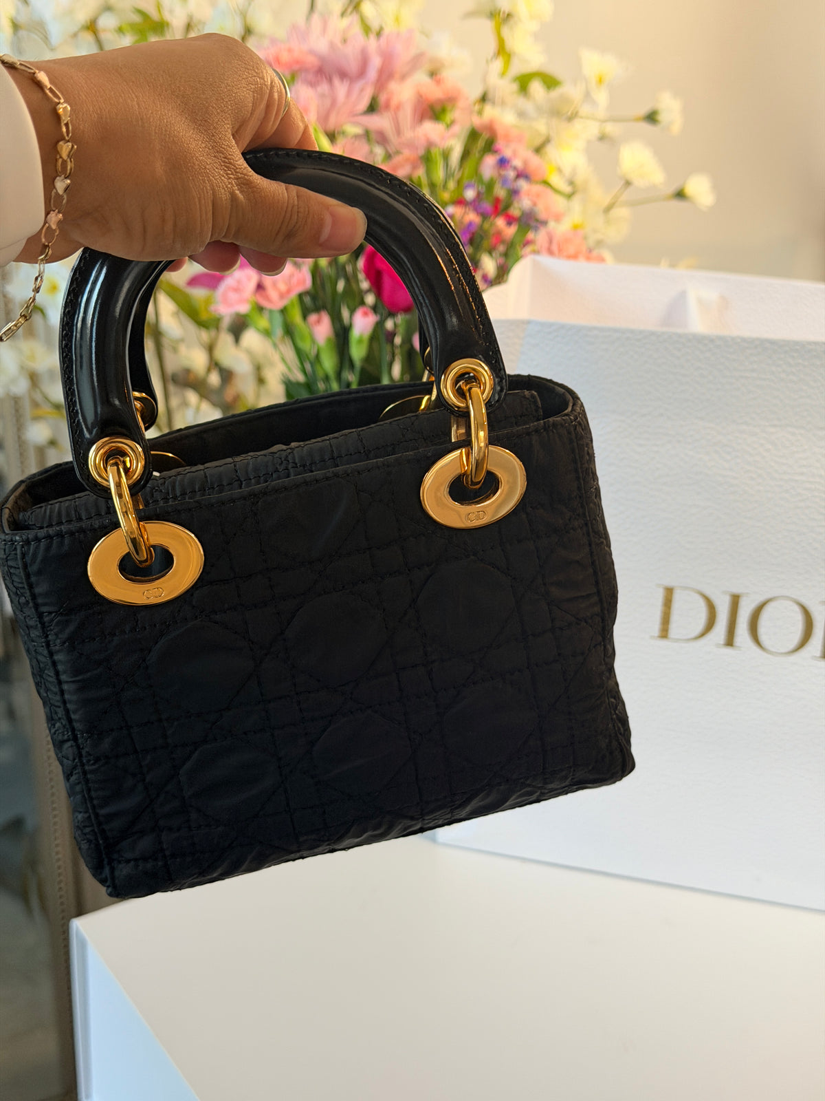 Christian Dior Lady Dior Mini Handbag Black Nylon Gold Hardware