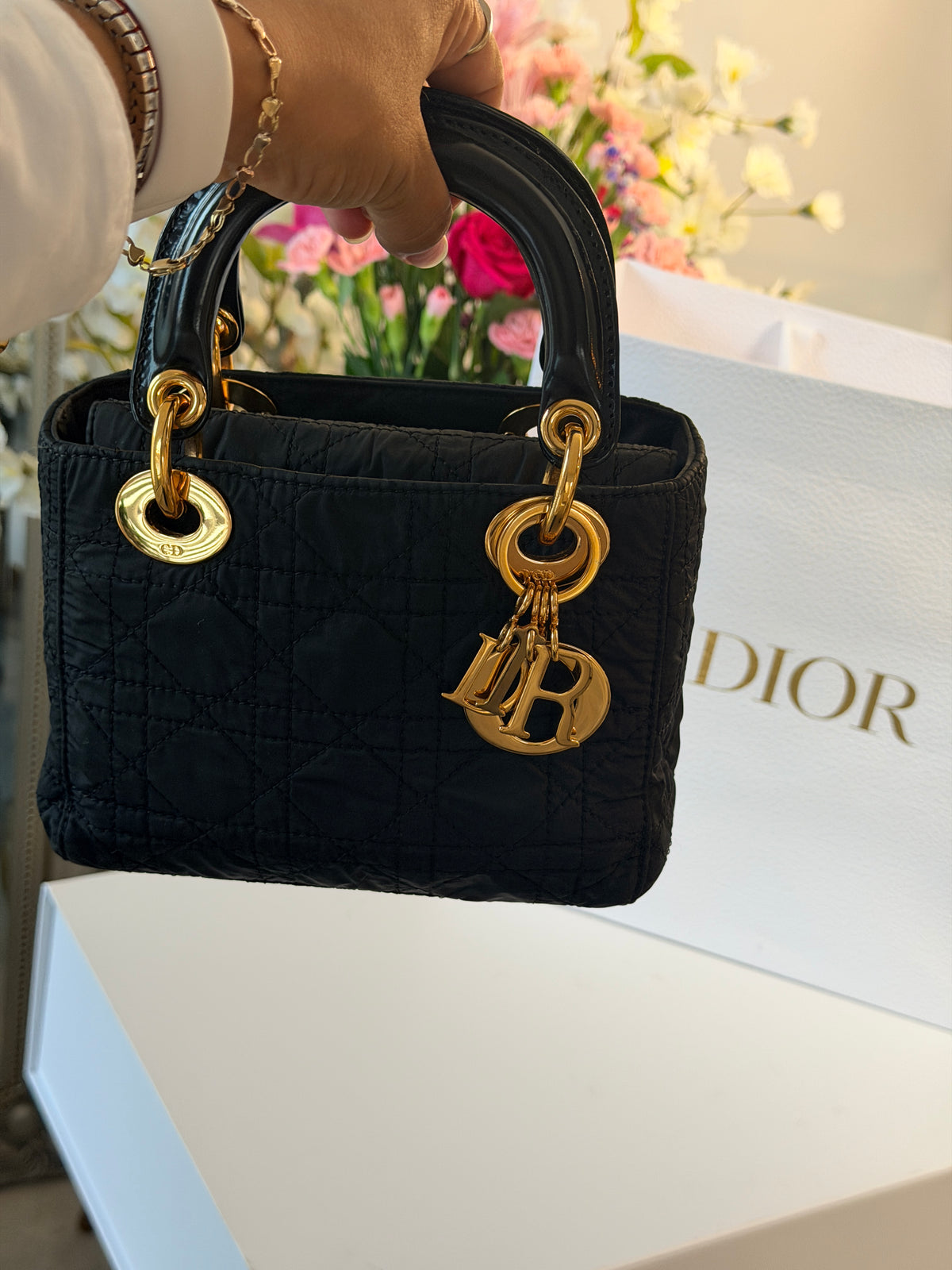 Christian Dior Lady Dior Mini Handbag Black Nylon Gold Hardware