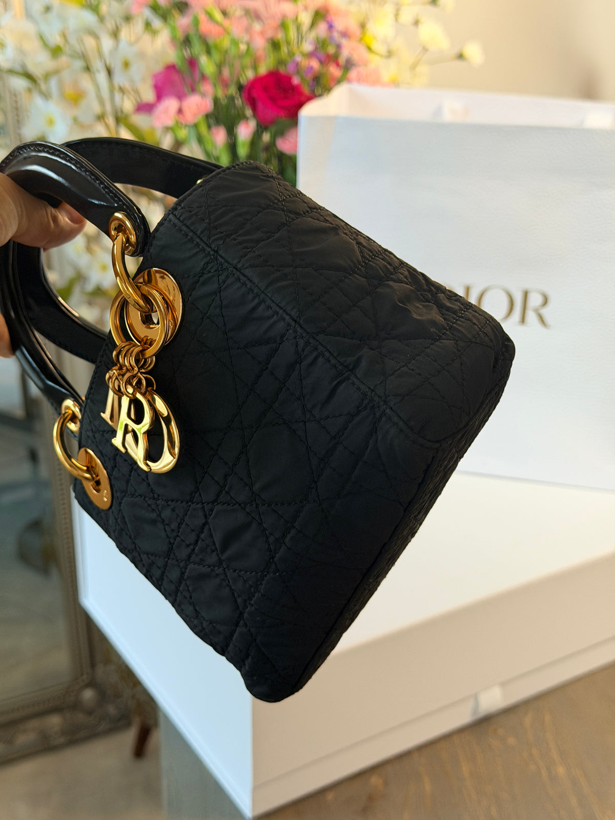 Christian Dior Lady Dior Mini Handbag Black Nylon Gold Hardware