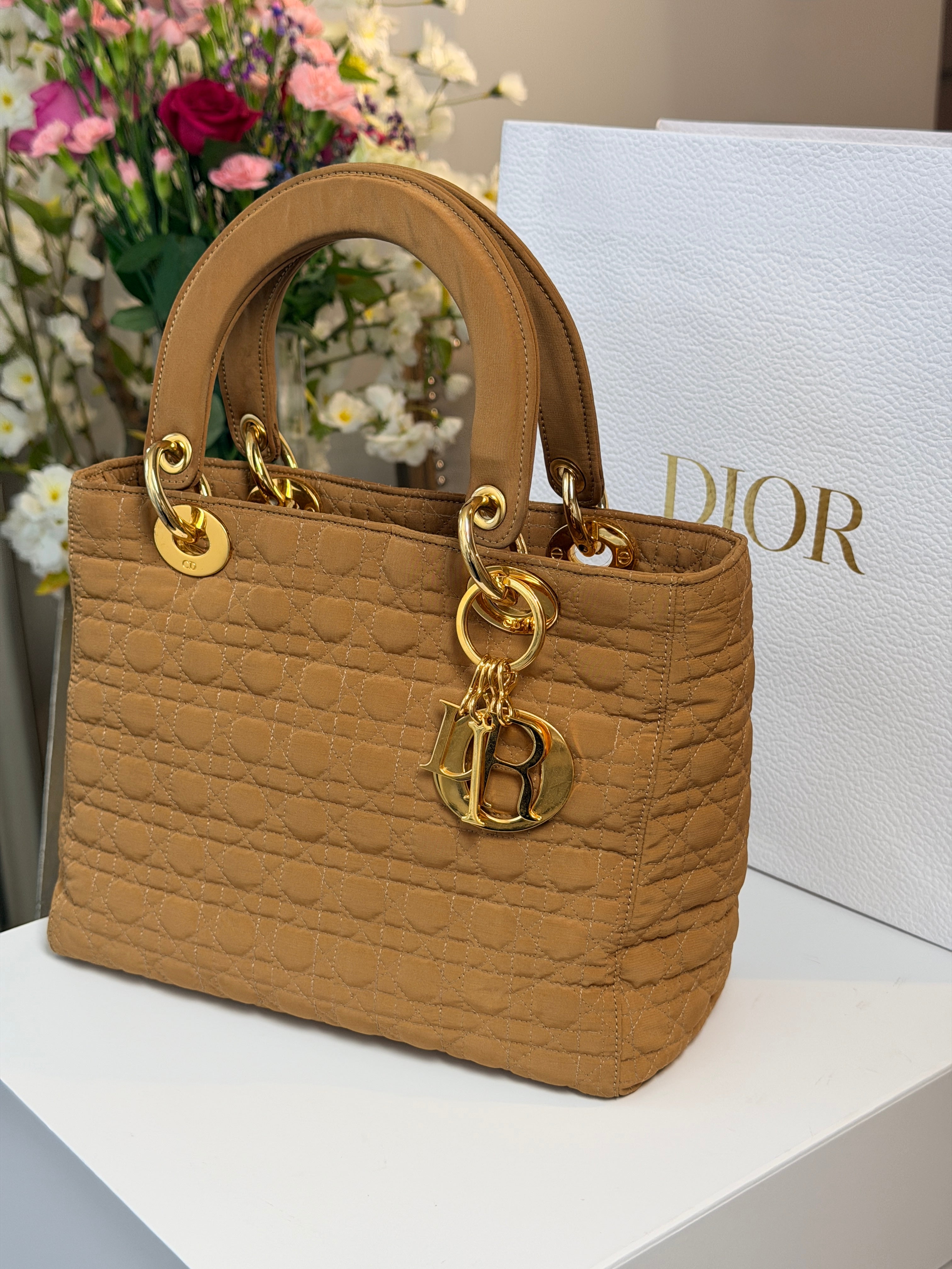 Christian Dior Lady Dior Medium Camel Colour Canvas Handbag Gold Hardware