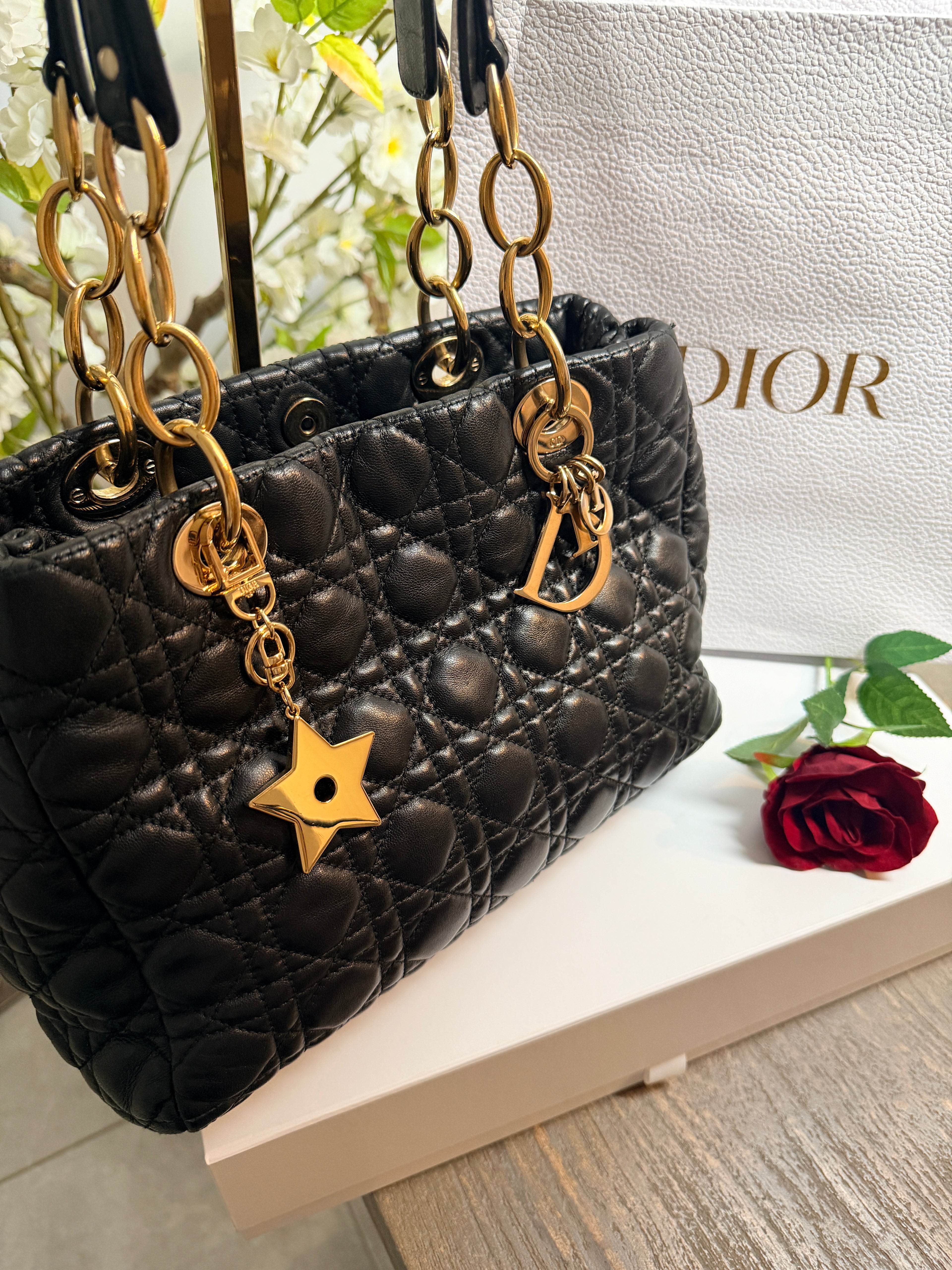 Christian Dior Small Tote Bag Black Leather Gold Hardware