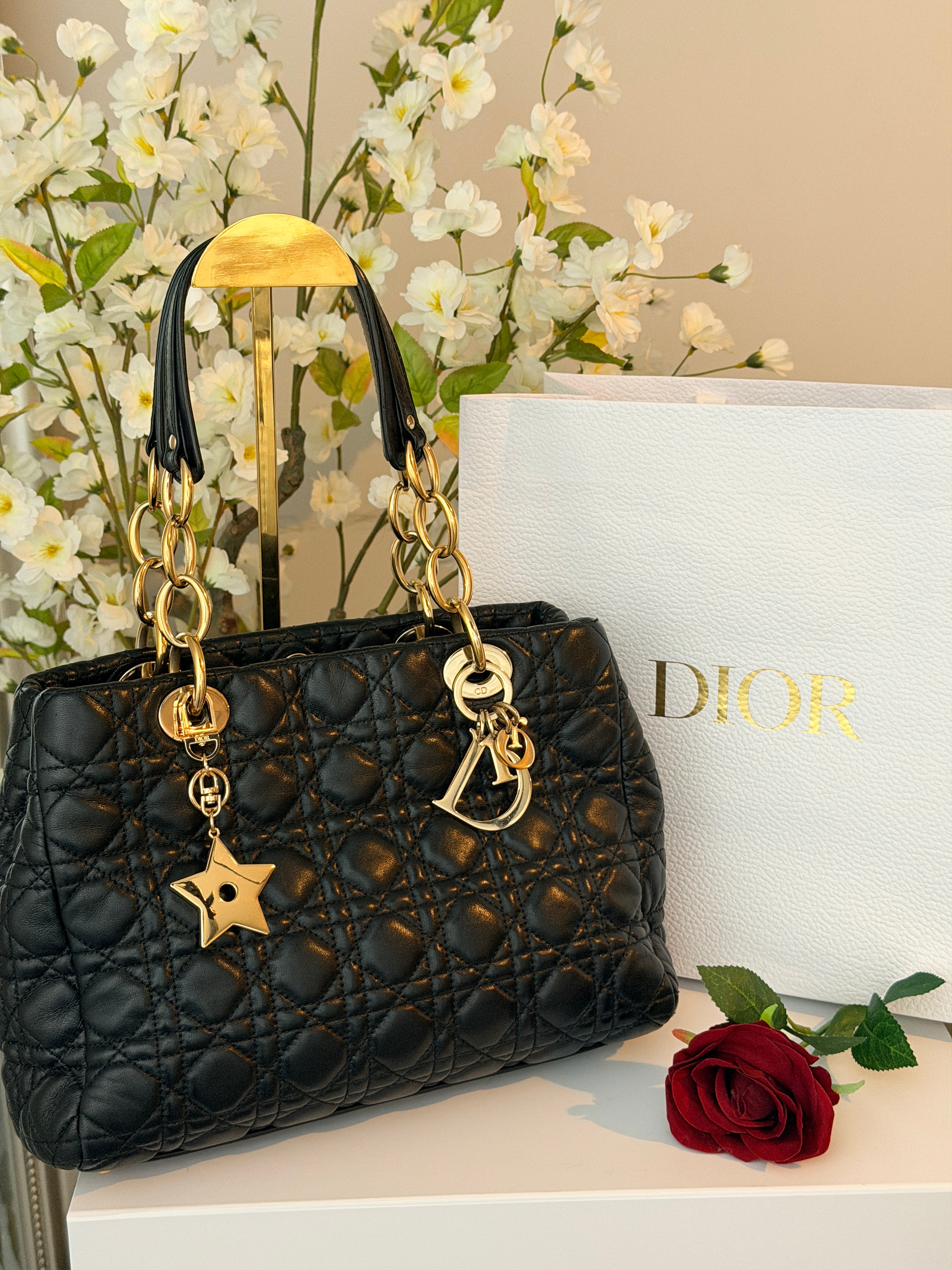 Christian Dior Small Tote Bag Black Leather Gold Hardware